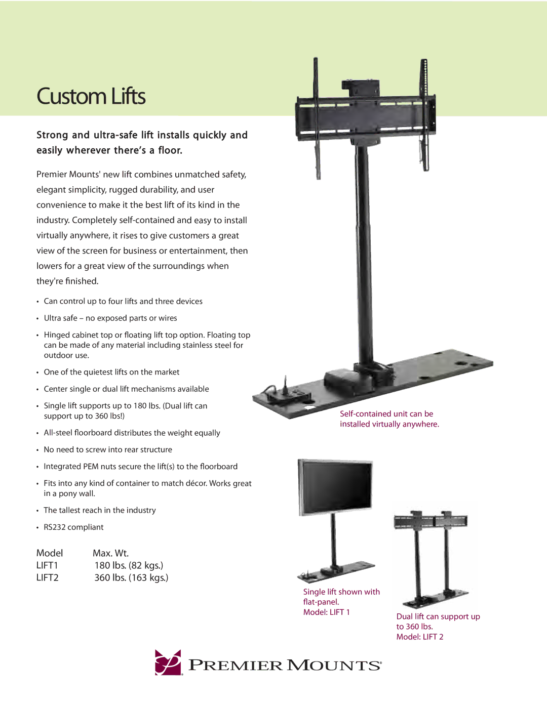 Premier Mounts LIFT2 manual Custom Lifts, LIFT1 