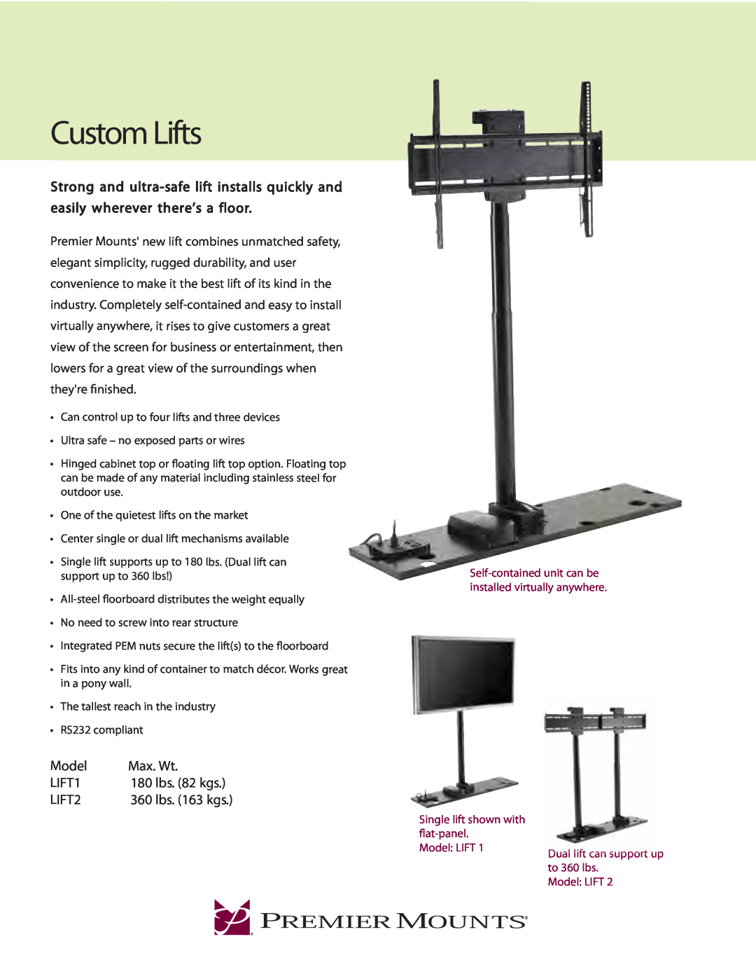 Premier Mounts LIFT2 manual Single lift shown with, at-panel, Model LIFT, to 360 lbs, Custom Lifts, Max. Wt, LIFT1 