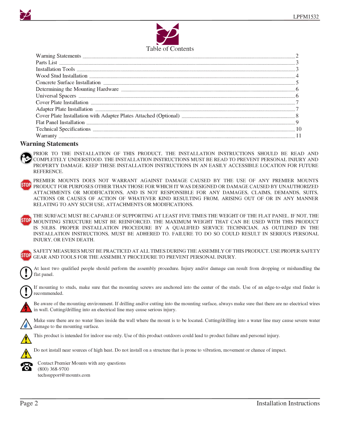 Premier Mounts LPFM1532 installation instructions Installation Instructions 