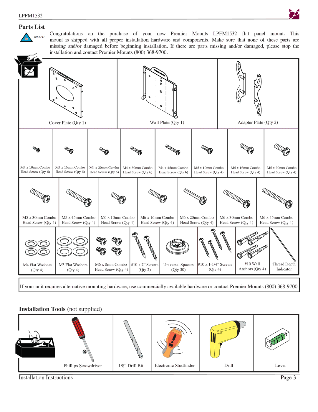 Premier Mounts LPFM1532 installation instructions Parts List, Installation Tools not supplied 