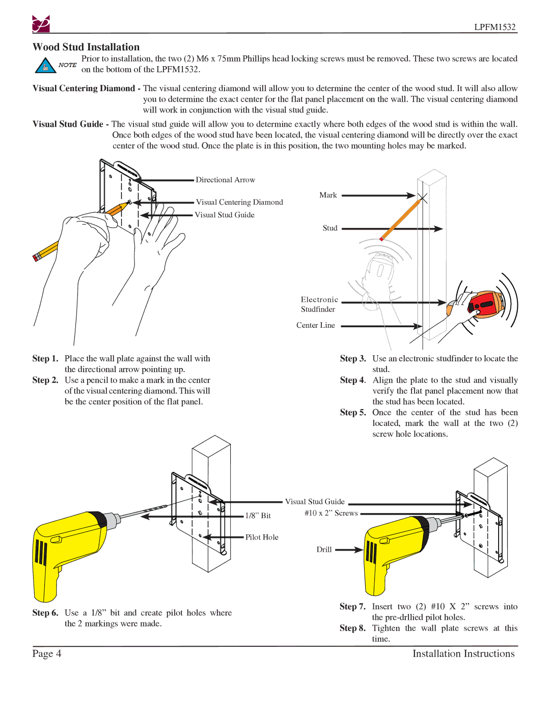 Premier Mounts LPFM1532 installation instructions Wood Stud Installation 