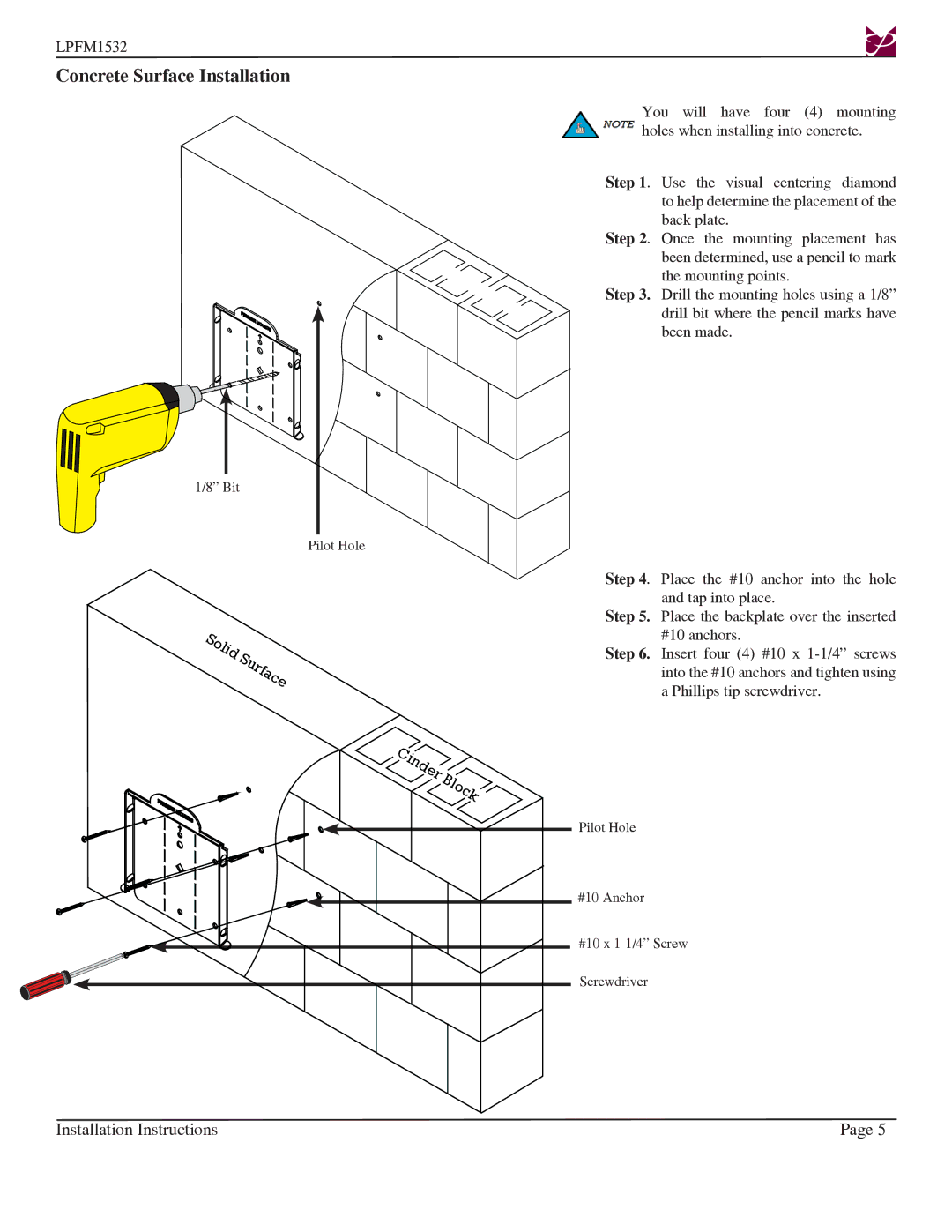 Premier Mounts LPFM1532 installation instructions Concrete Surface Installation 