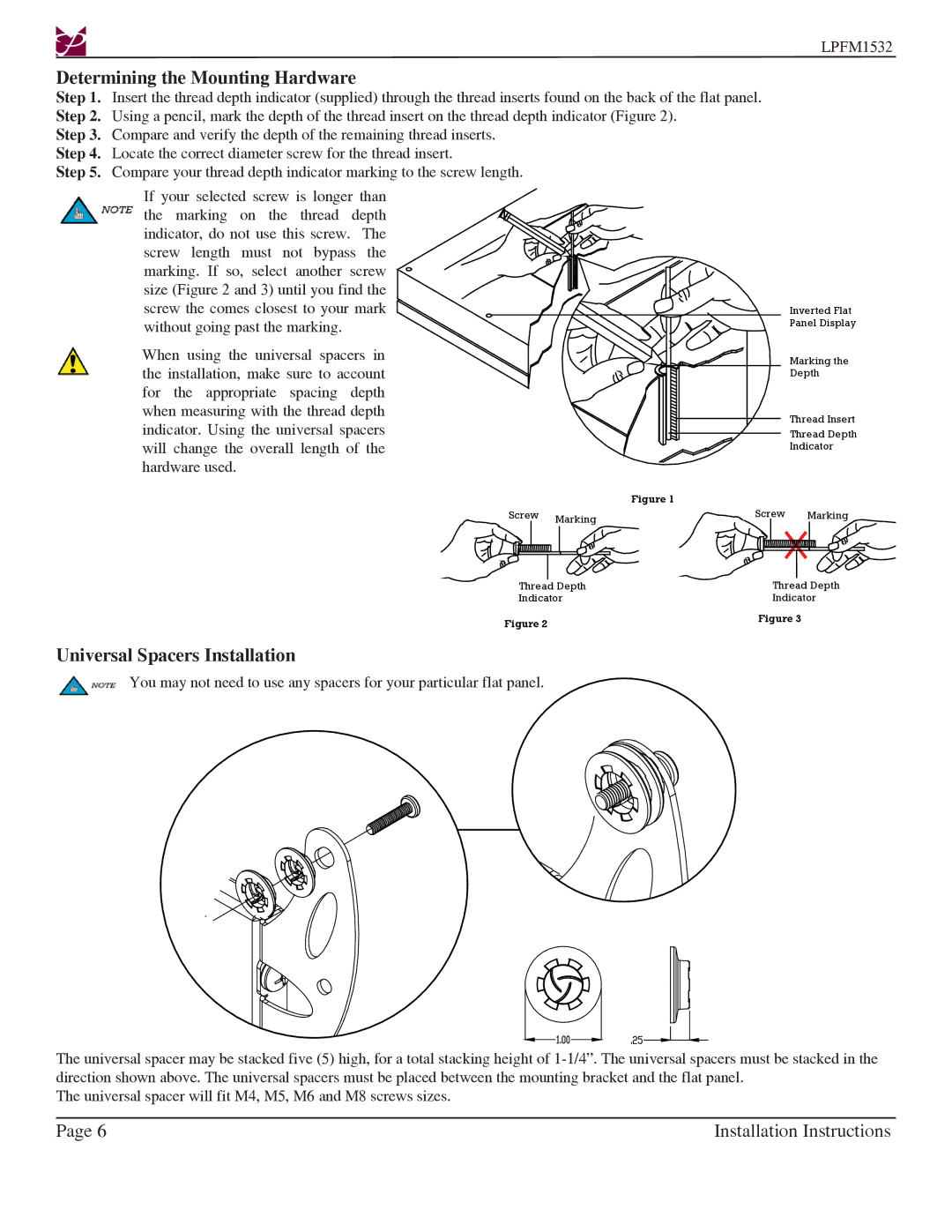 Premier Mounts LPFM1532 installation instructions Determining the Mounting Hardware, Universal Spacers Installation 