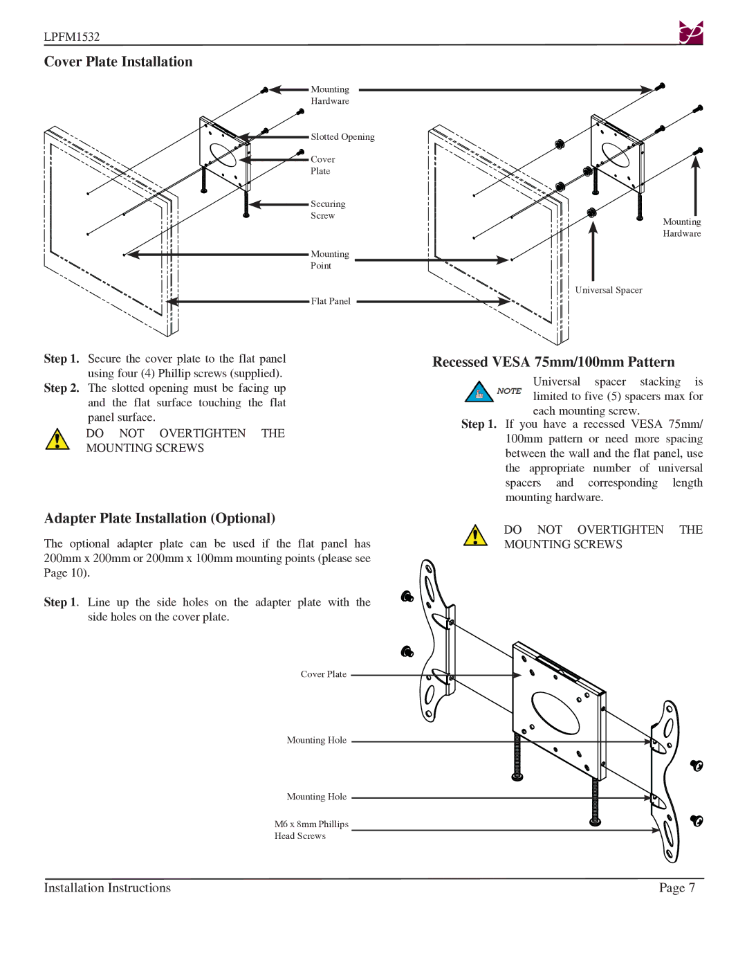 Premier Mounts LPFM1532 Cover Plate Installation, Adapter Plate Installation Optional, Recessed Vesa 75mm/100mm Pattern 