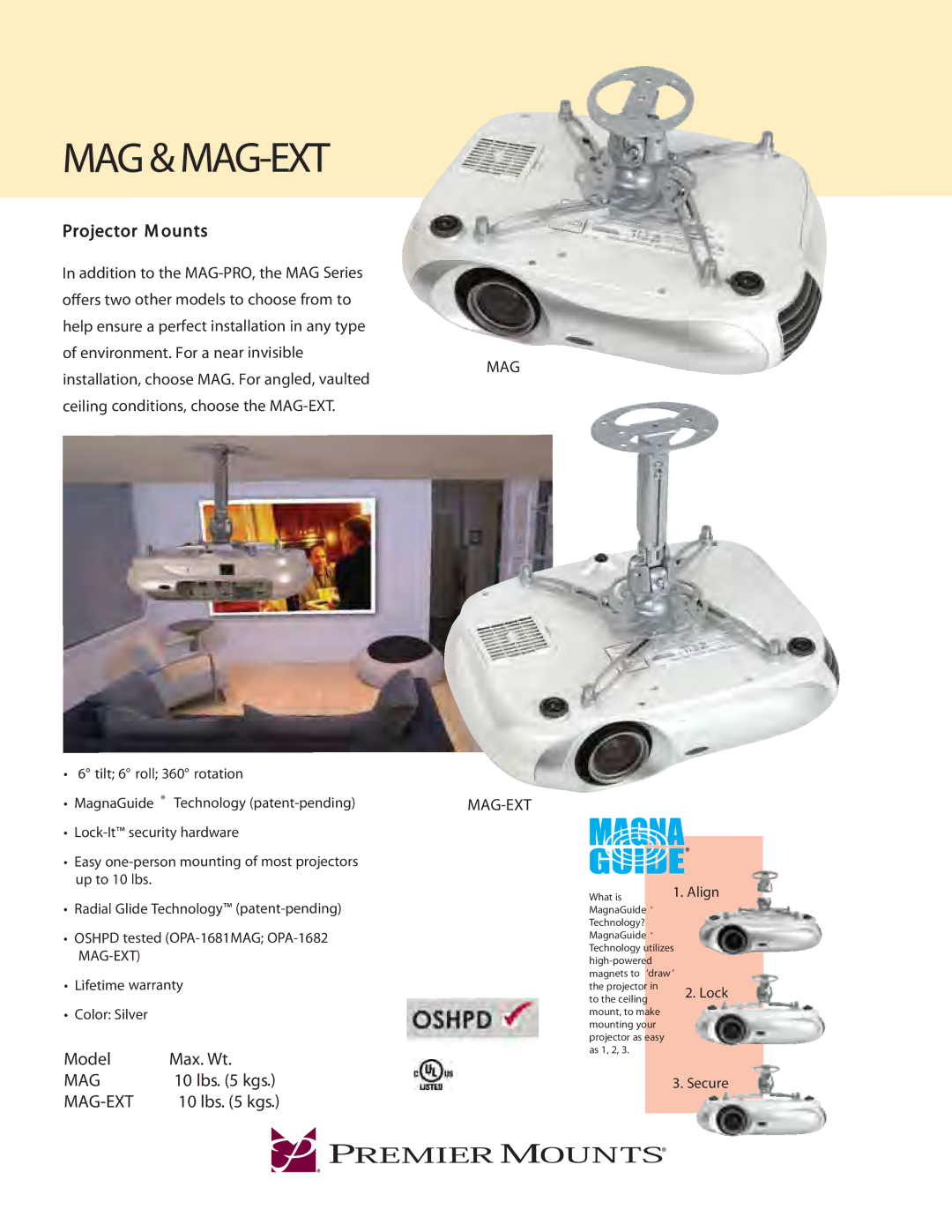 Premier Mounts MAG-EXT warranty Mag & Mag-Ext, Projector M ounts, Model Max. Wt 