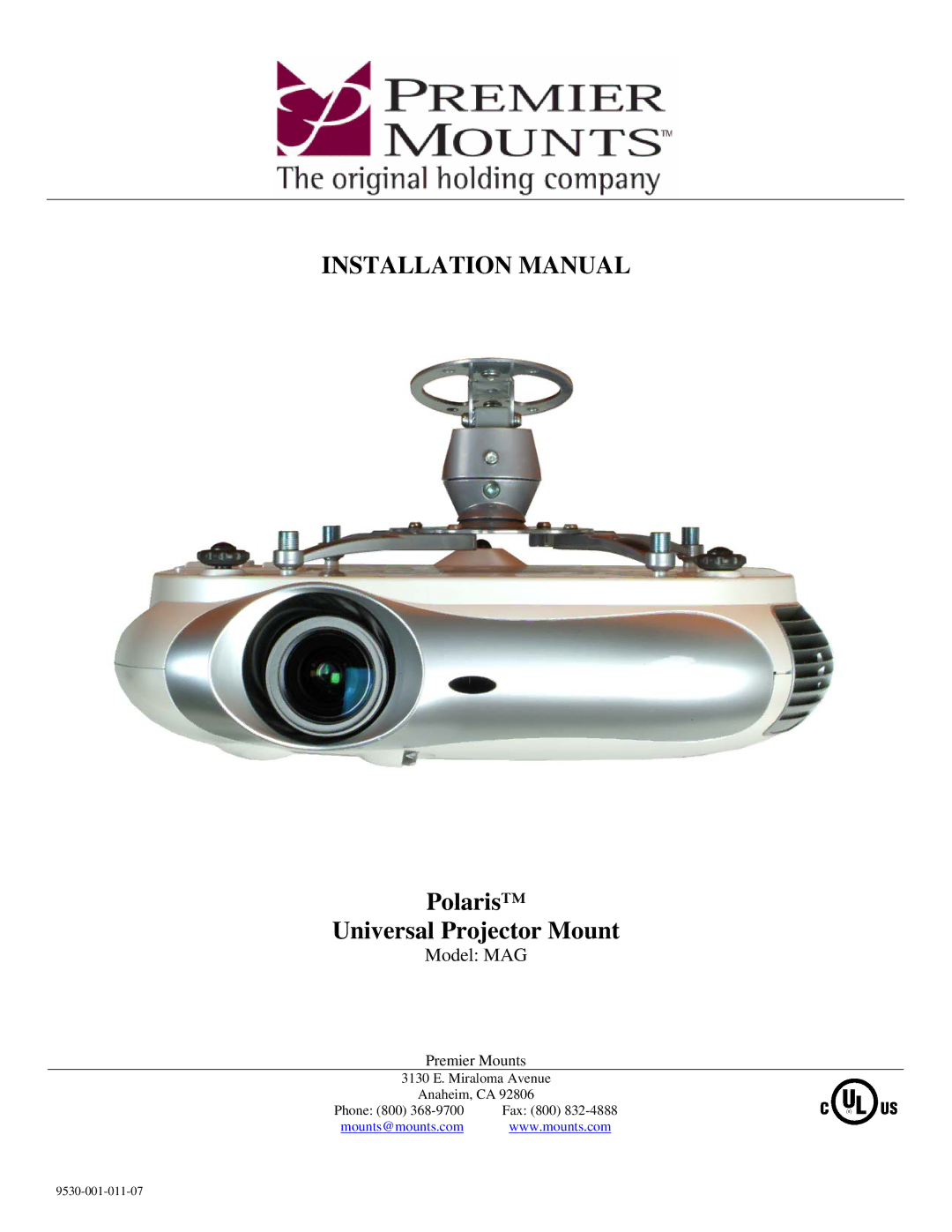 Premier Mounts MAG installation manual Installation Manual, Polaris Universal Projector Mount 