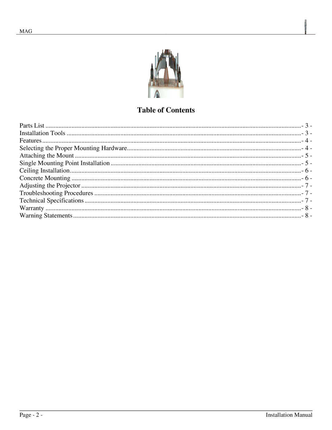 Premier Mounts MAG installation manual Table of Contents 