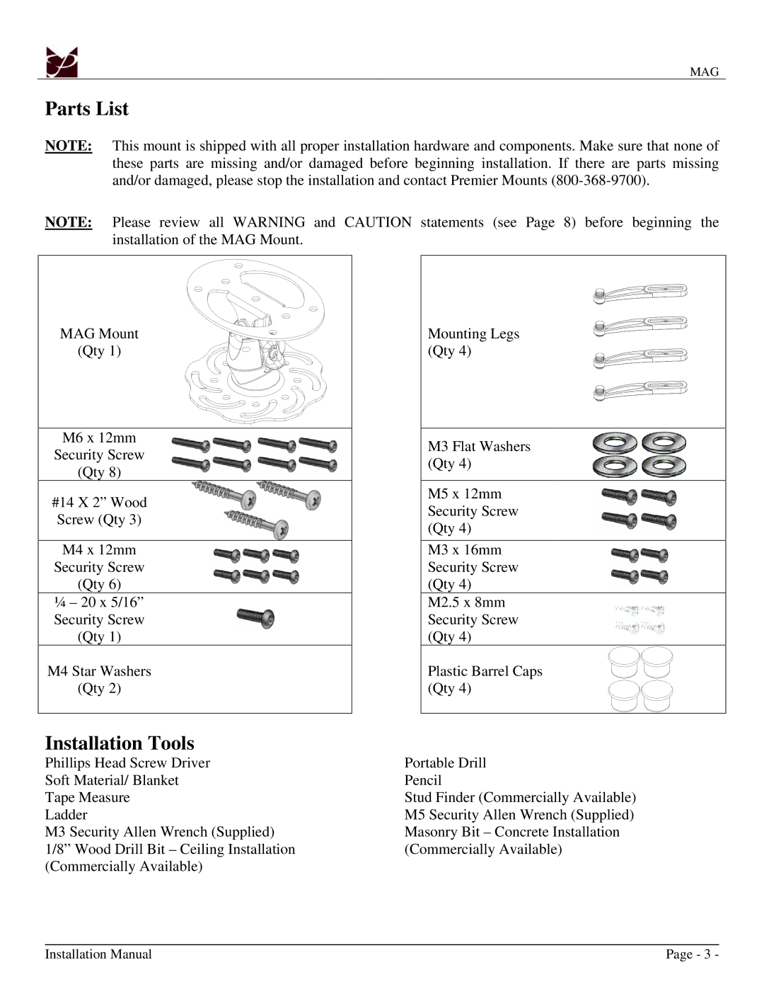 Premier Mounts MAG installation manual Parts List, Installation Tools 