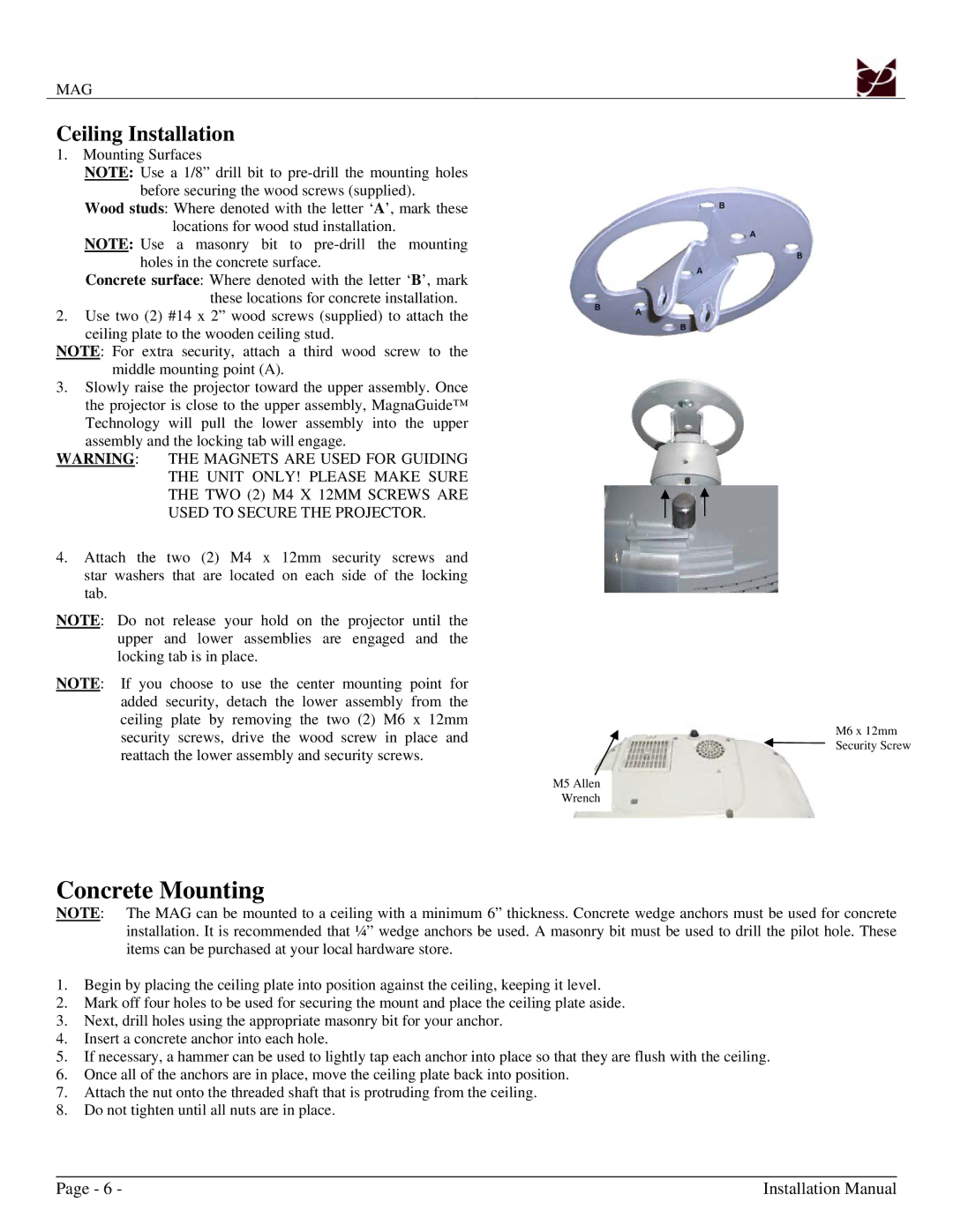 Premier Mounts MAG installation manual Concrete Mounting, Ceiling Installation 