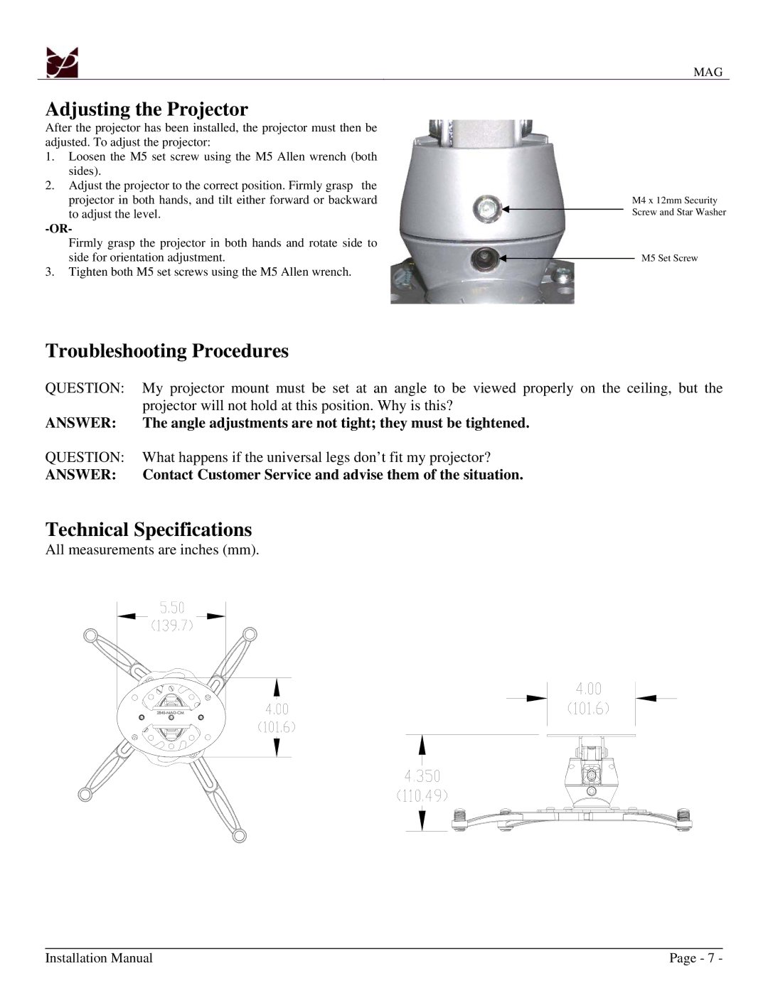 Premier Mounts MAG installation manual Adjusting the Projector, Troubleshooting Procedures, Technical Specifications 