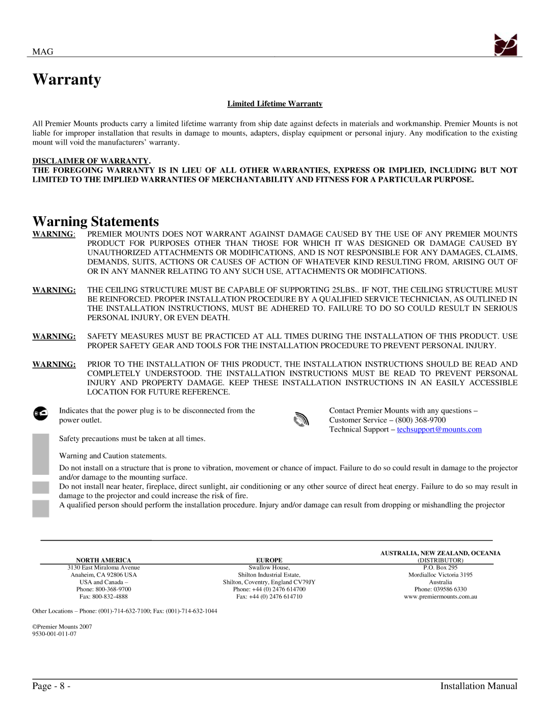 Premier Mounts MAG installation manual Warranty 