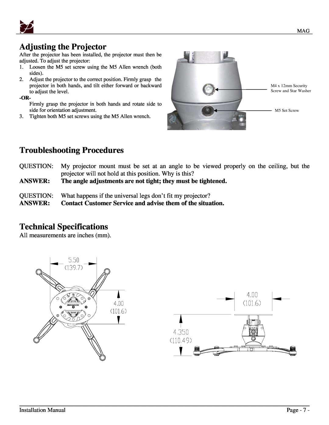 Premier Mounts MAG Adjusting the Projector, Troubleshooting Procedures, Technical Specifications, Answer, Page 