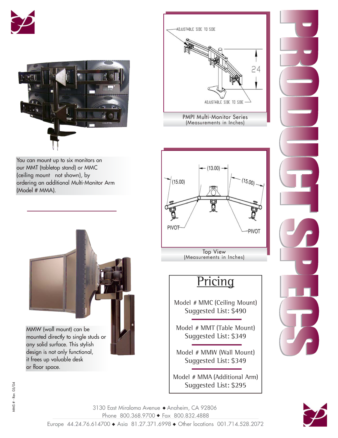 Premier Mounts MMT, MMC manual Pricing, Suggested List $490, Suggested List $349, Suggested List $295 