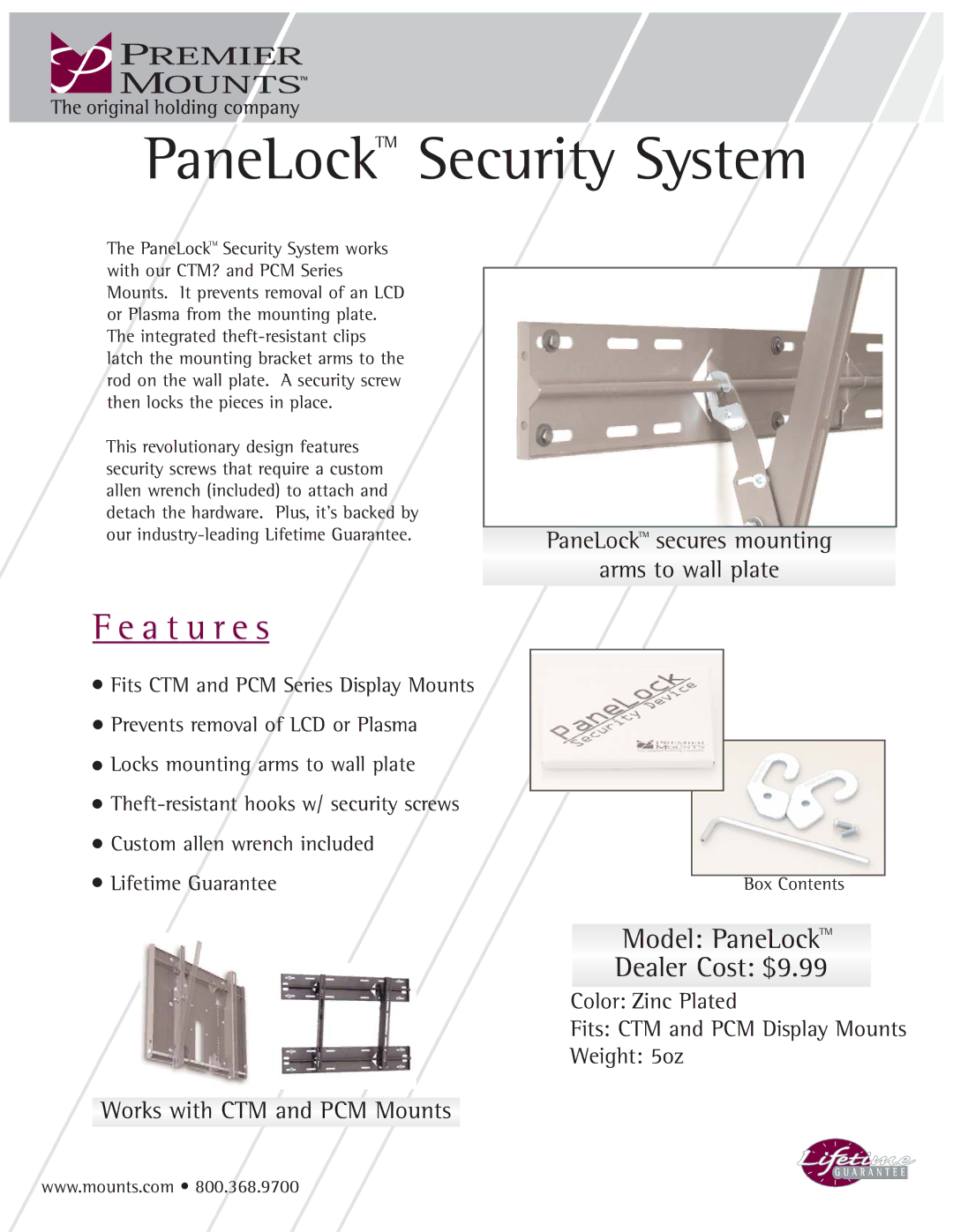 Premier Mounts manual PaneLockTM Security System, A t u r e s 