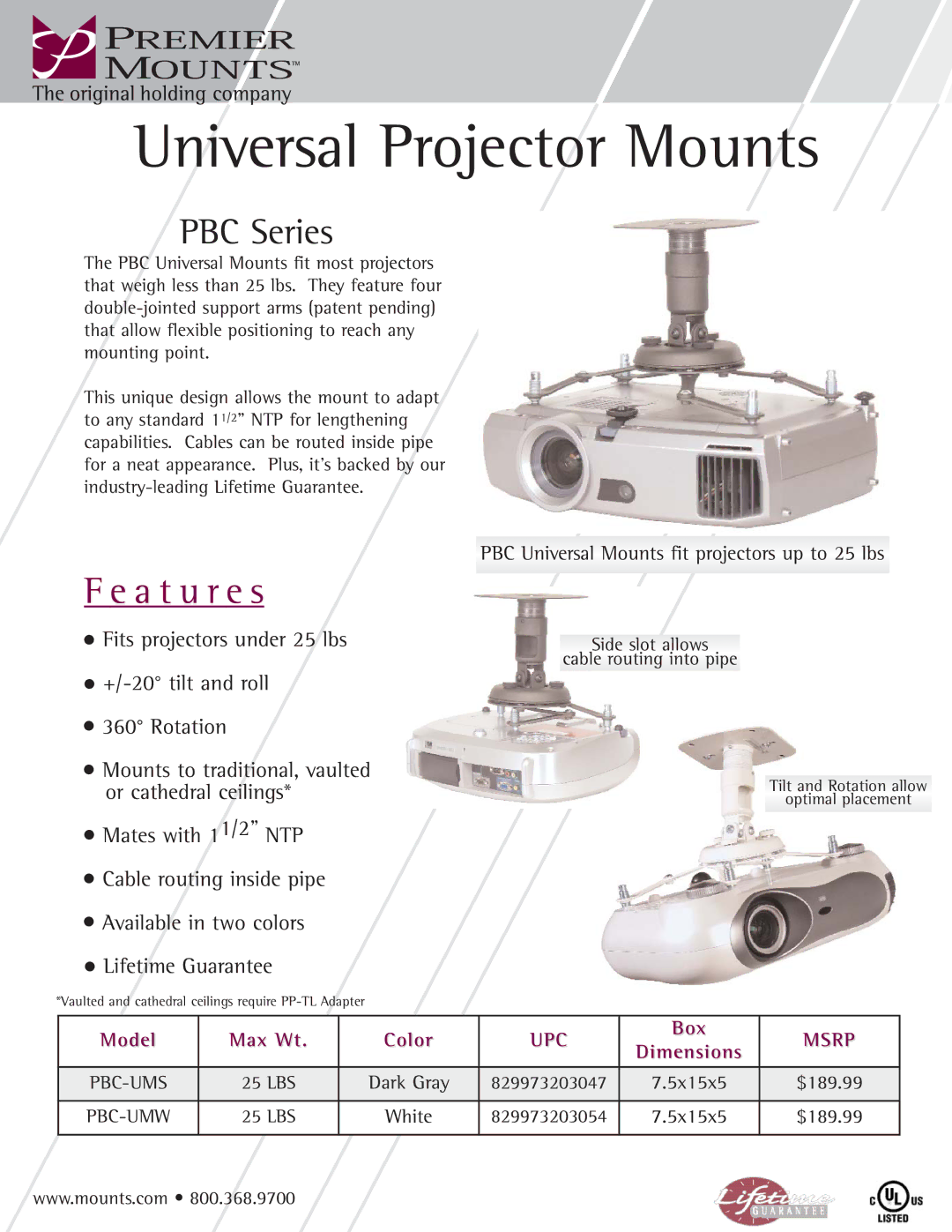 Premier Mounts PBC-UMS manual Universal Projector Mounts, A t u r e s, PBC Series, Upc, Msrp 