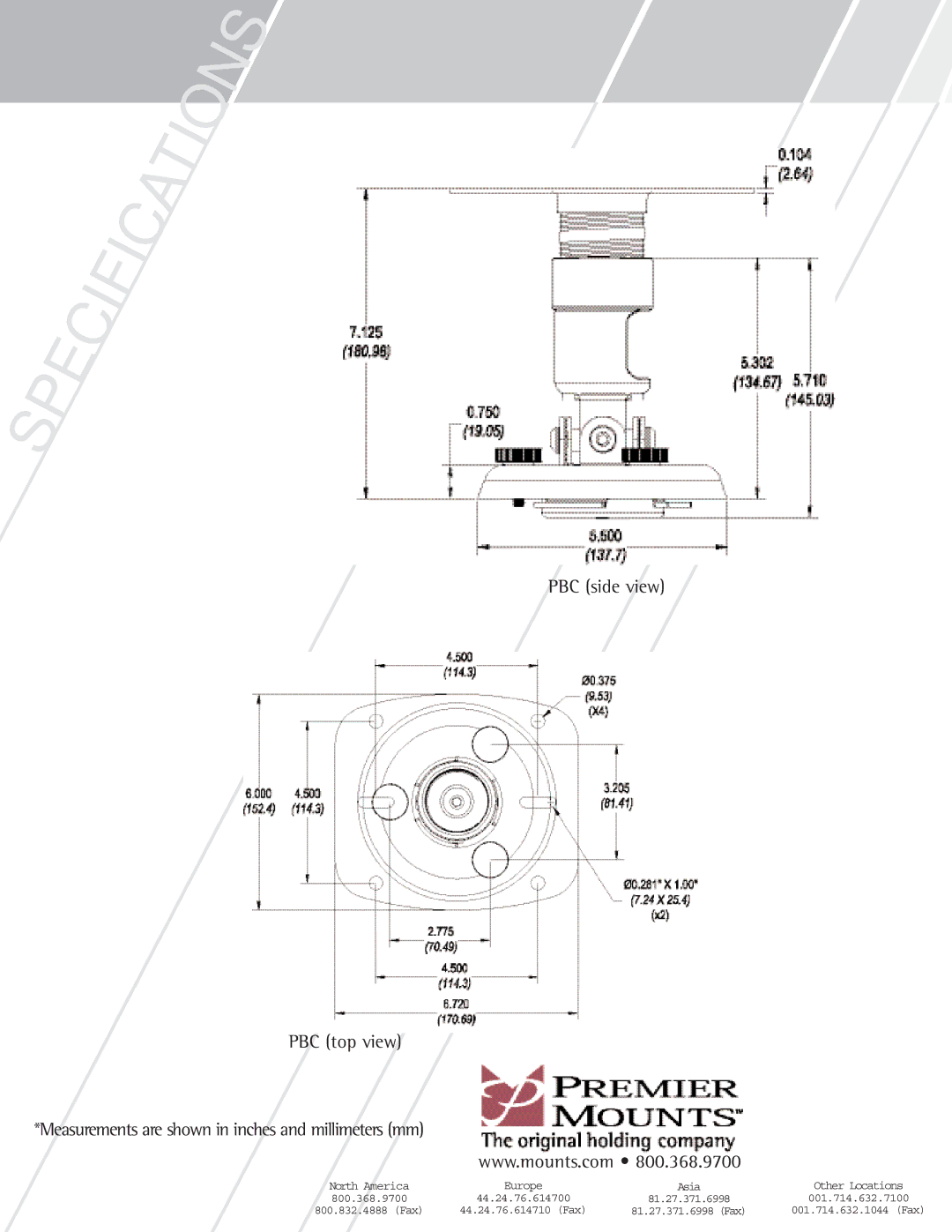 Premier Mounts PBC-UMS manual PBC side view PBC top view, Measurements are shown in inches and millimeters mm 