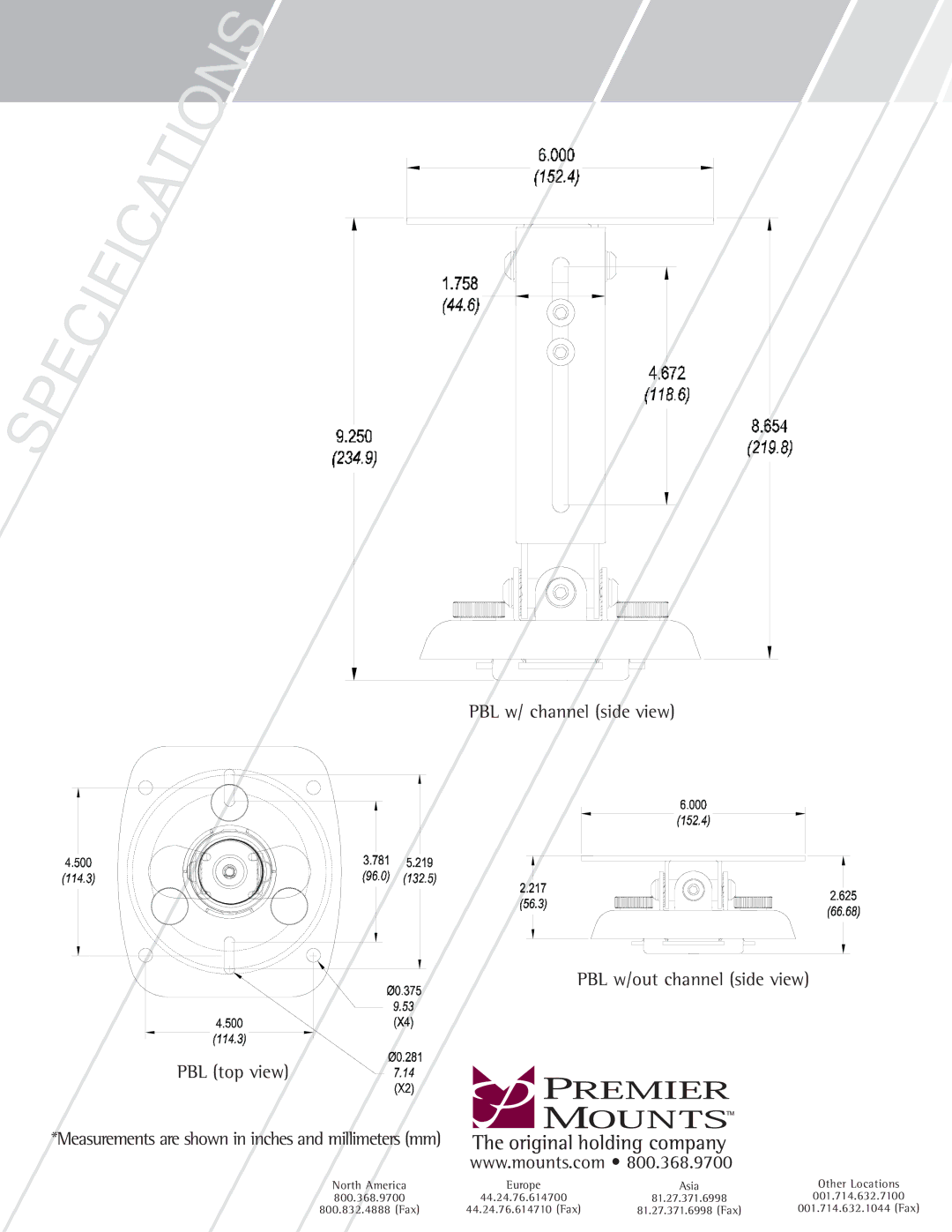 Premier Mounts PBL-UMP, PBL-UMS, PBL-UMW, PBL series manual North America Europe 