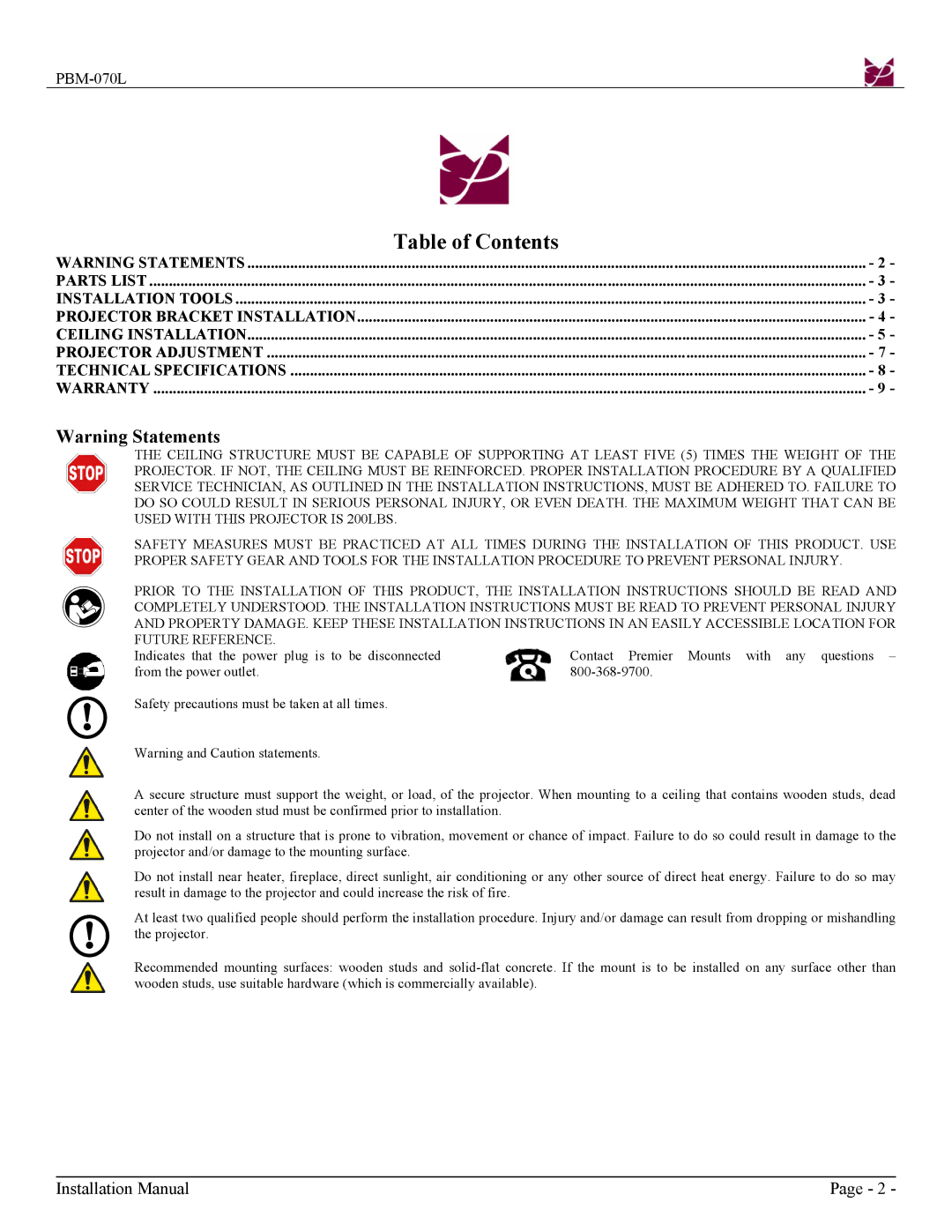 Premier Mounts PBM-070L installation instructions Table of Contents 