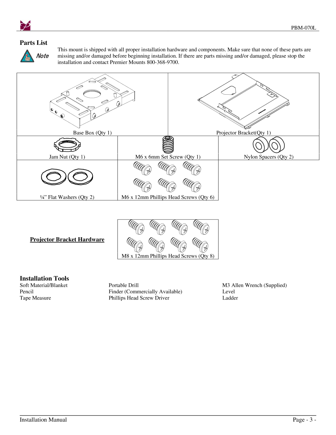 Premier Mounts PBM-070L installation instructions Parts List, Installation Tools 