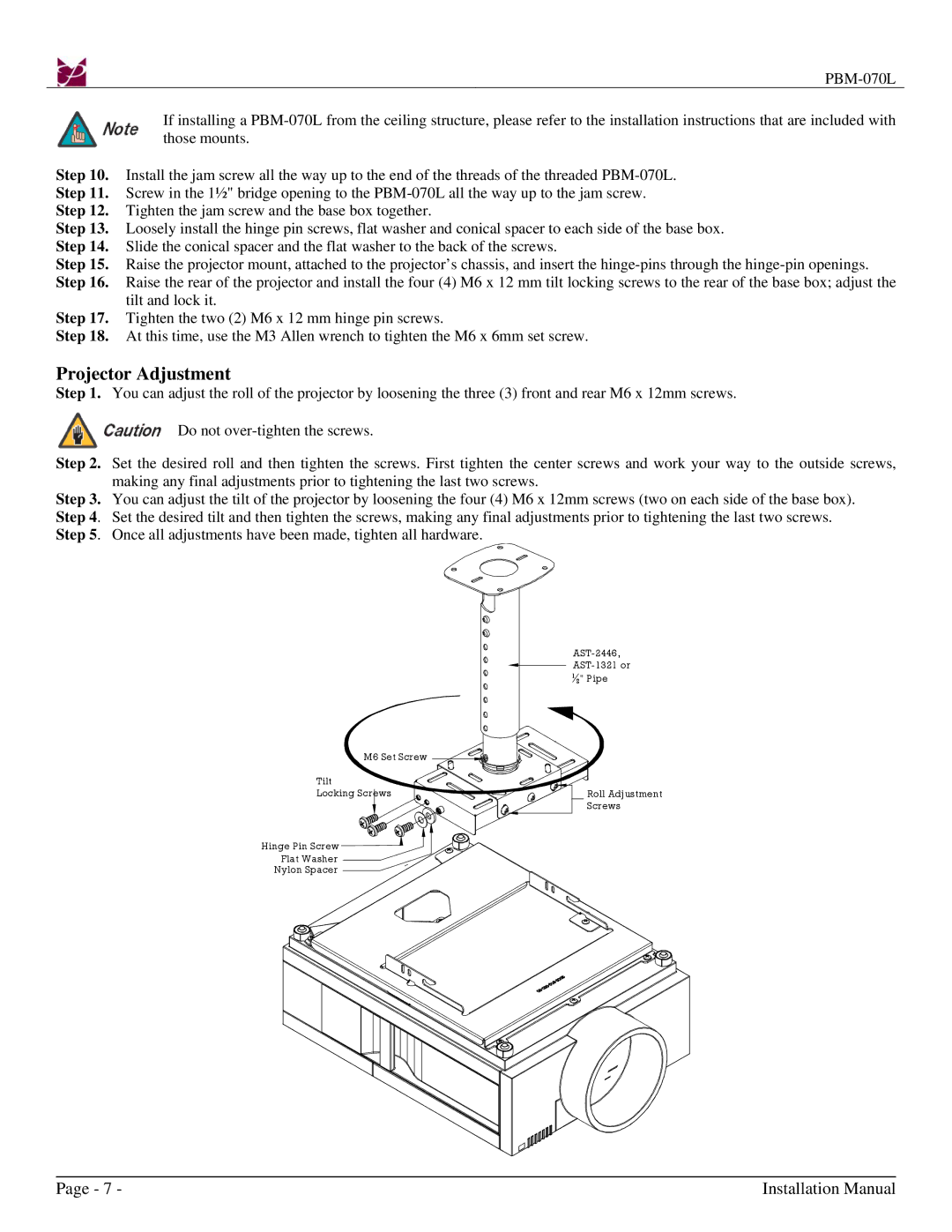 Premier Mounts PBM-070L installation instructions Projector Adjustment 