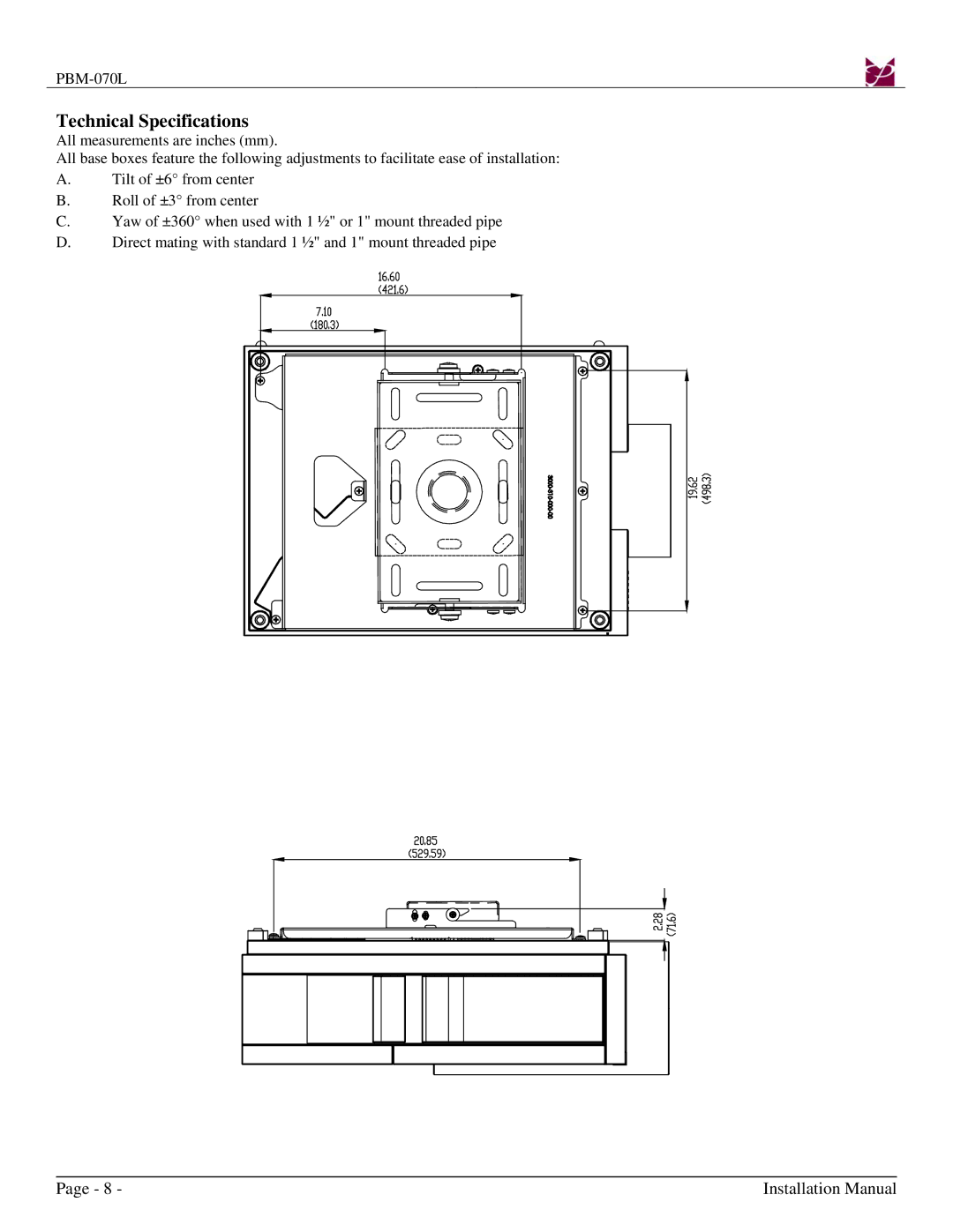 Premier Mounts PBM-070L installation instructions Technical Specifications 