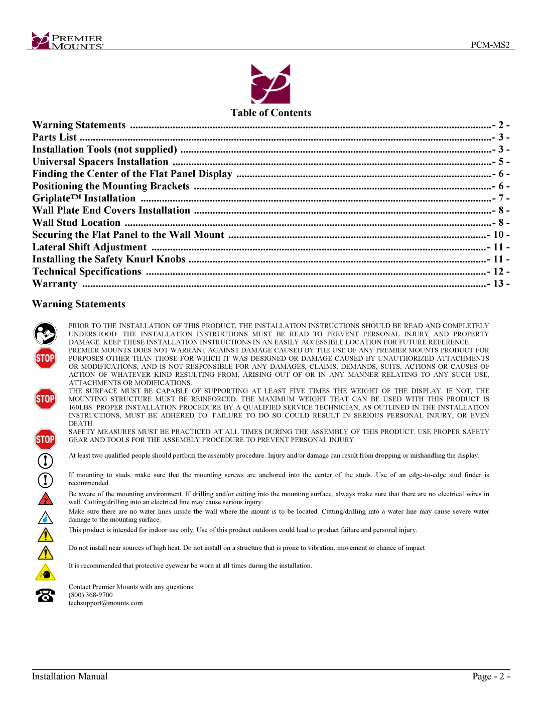 Premier Mounts PCM-MS2 installation instructions Table of Contents 