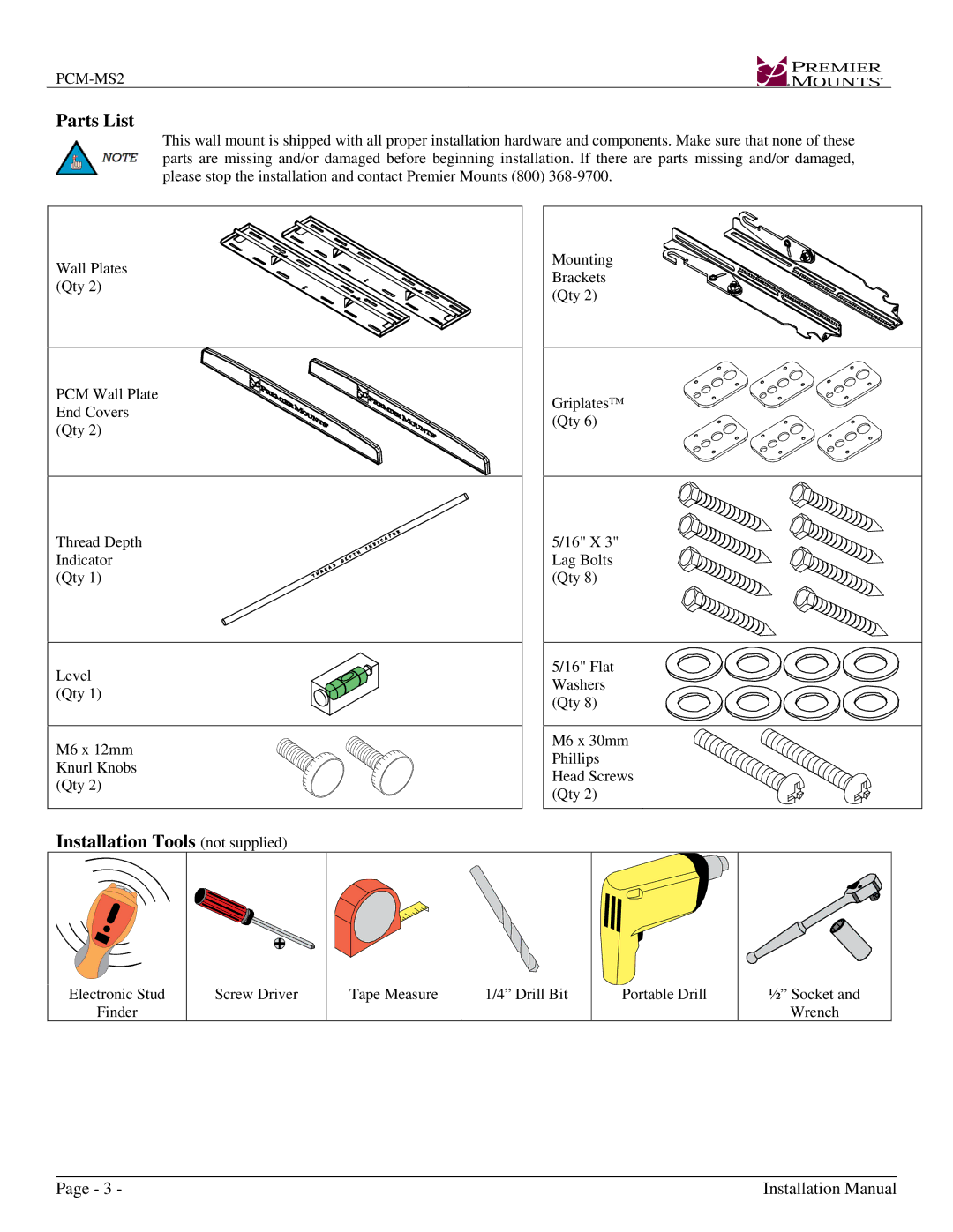 Premier Mounts PCM-MS2 installation instructions Parts List, Installation Tools not supplied 