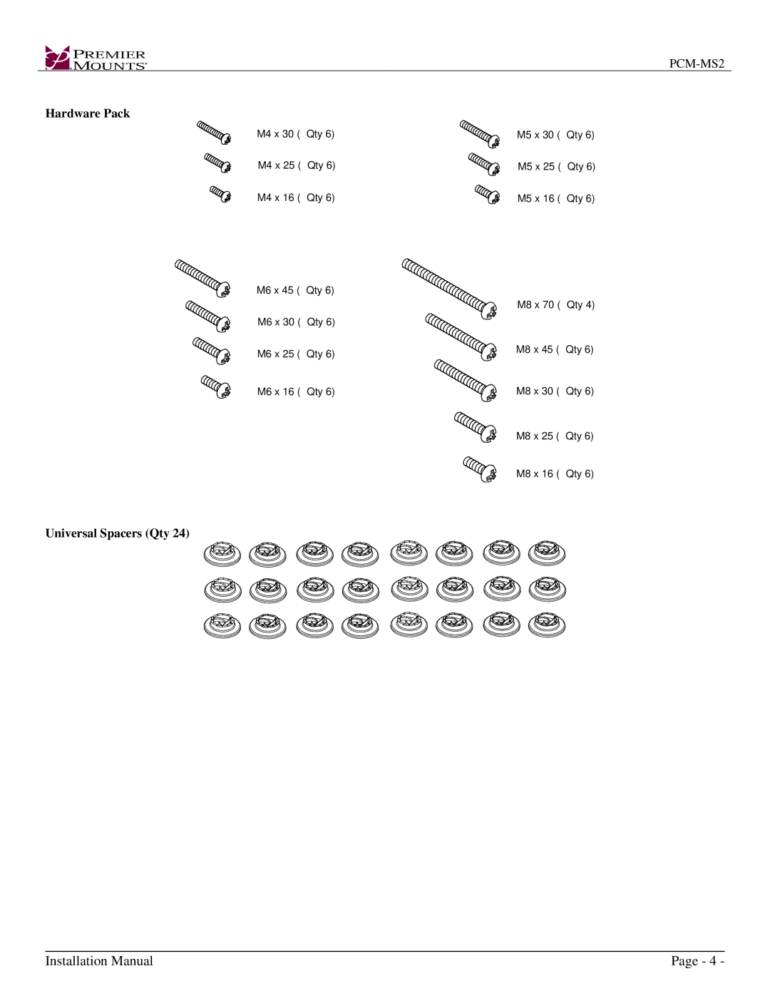 Premier Mounts PCM-MS2 installation instructions Hardware Pack 