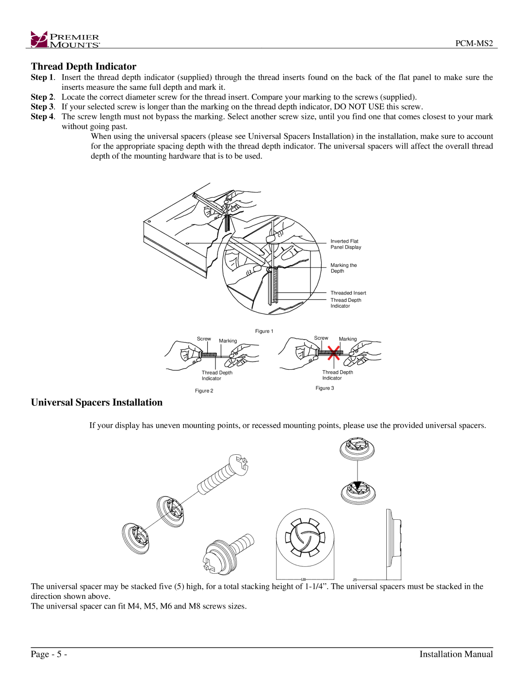 Premier Mounts PCM-MS2 installation instructions Thread Depth Indicator, Universal Spacers Installation 