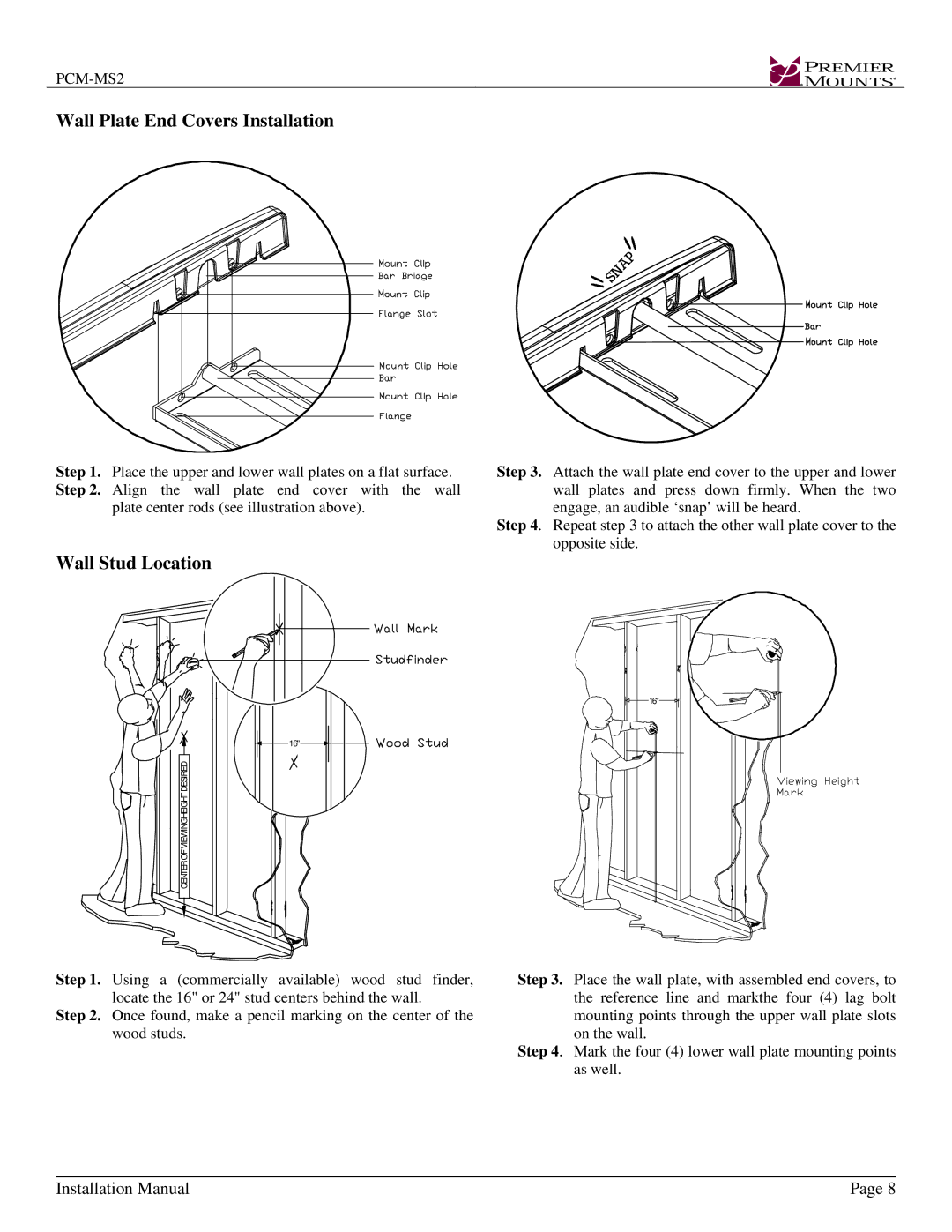 Premier Mounts PCM-MS2 installation instructions Center of Viewingheight Desired 