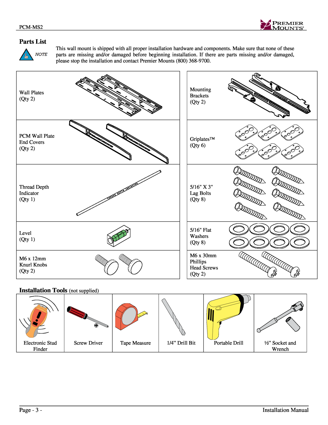 Premier Mounts PCM-MS2 installation instructions Parts List, Installation Tools not supplied, Page, Installation Manual 