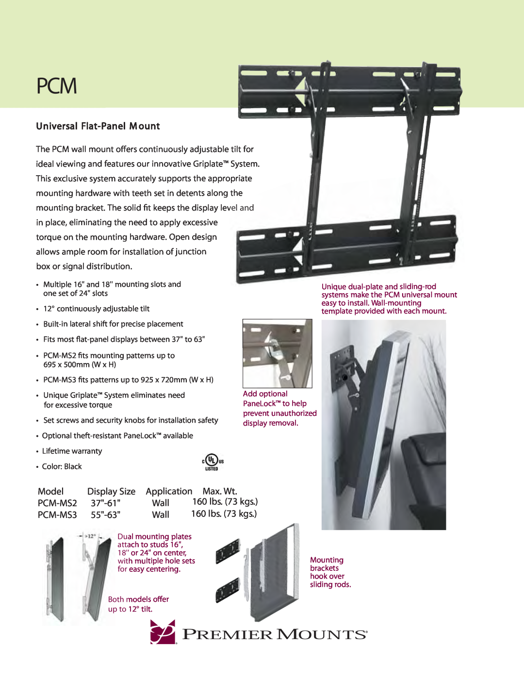 Premier Mounts PCM-MS3 warranty Universal Flat-PanelM ount, Model, PCM-MS2, 37-61, 55-63, Application Max, Wall, 73 kgs 