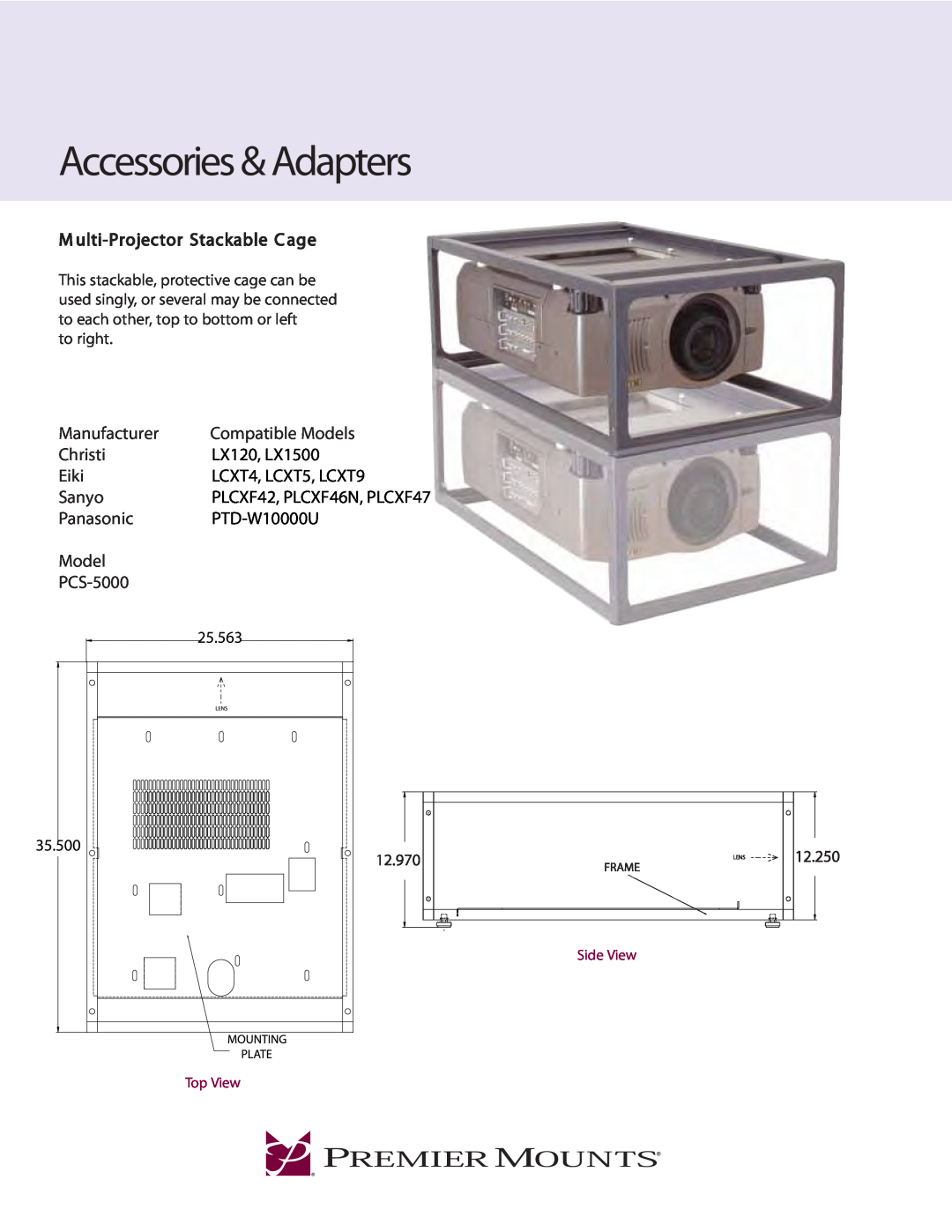 Premier Mounts PCS-5000 manual Accessories & Adapters, Manufacturer, Compatible Models 