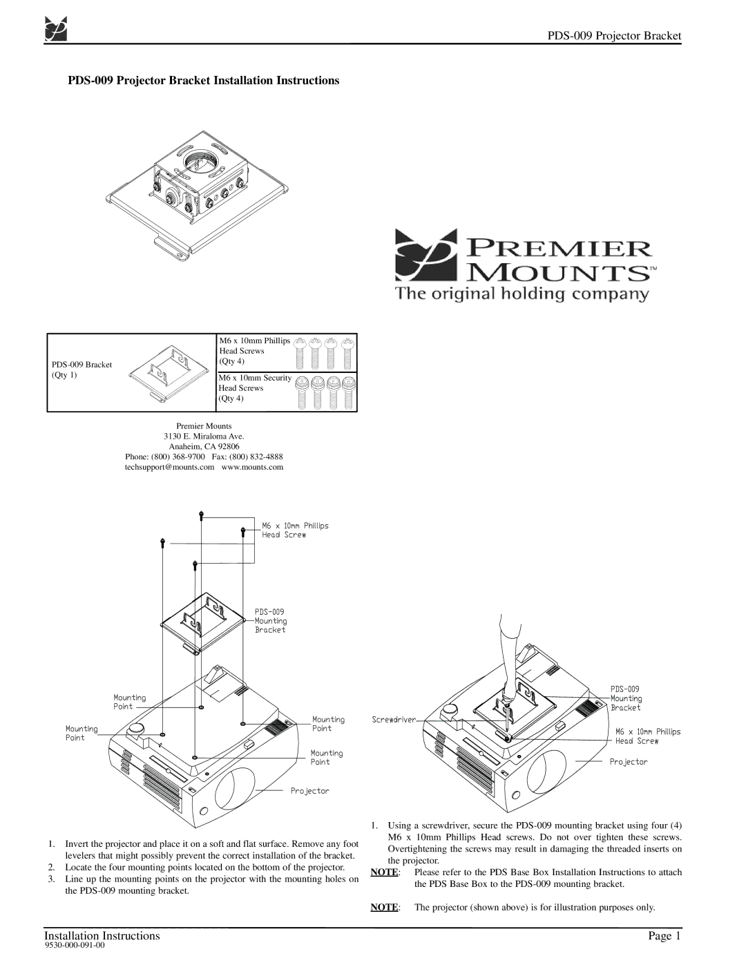 Premier Mounts installation instructions PDS-009 Projector Bracket Installation Instructions 