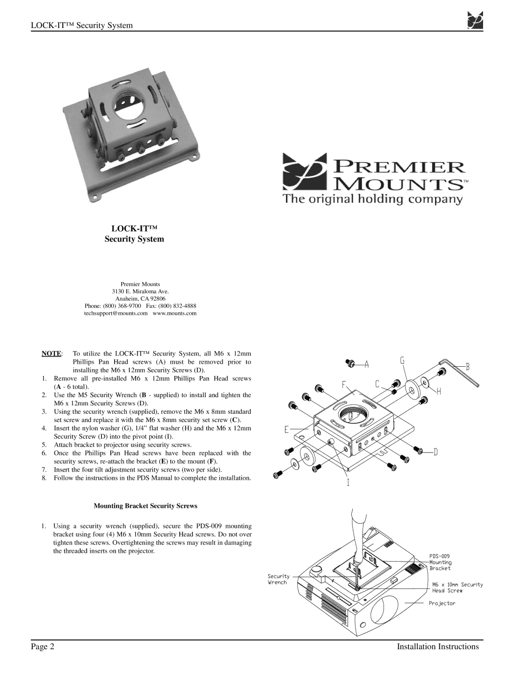 Premier Mounts PDS-009 installation instructions Lock-It, Security System, Mounting Bracket Security Screws 