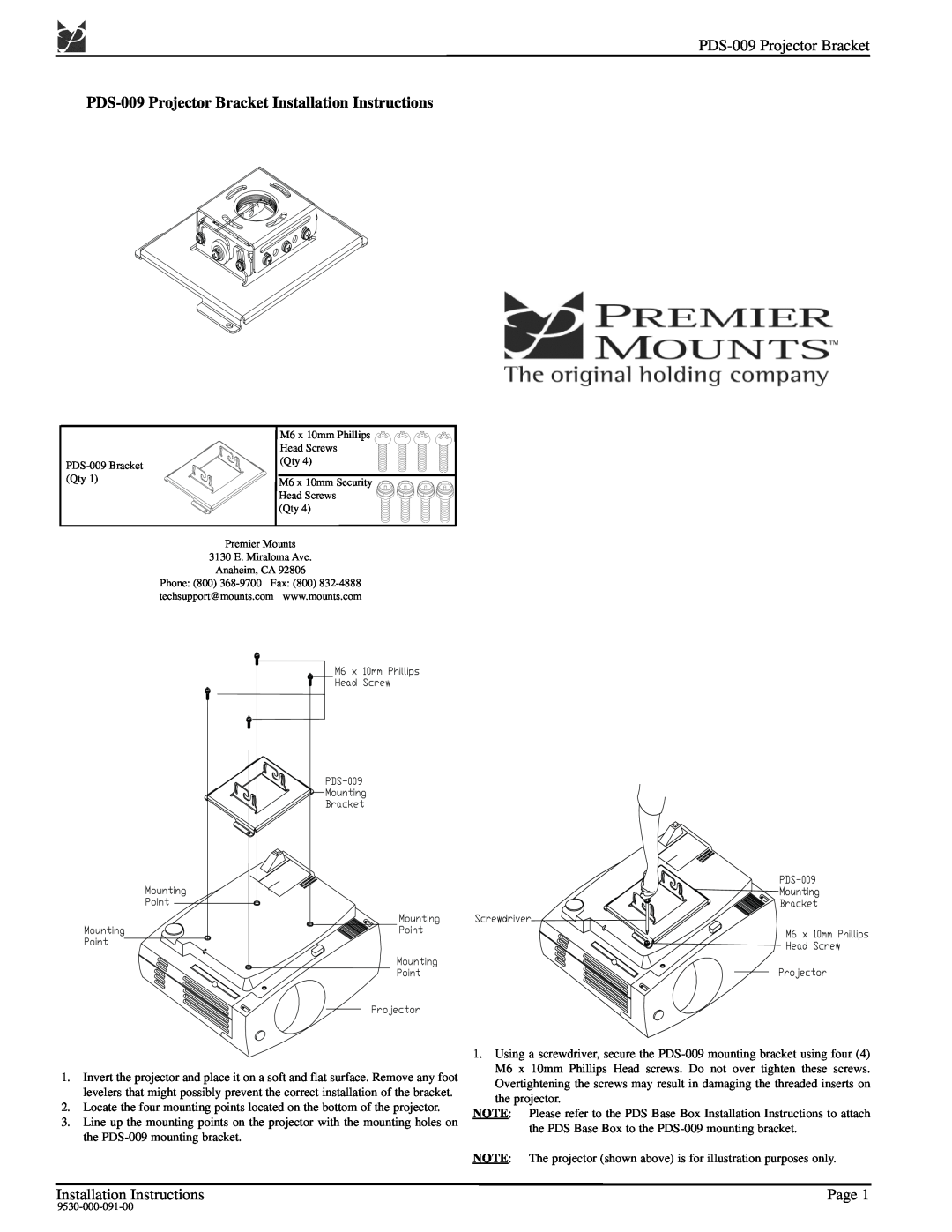 Premier Mounts installation instructions PDS-009 Projector Bracket Installation Instructions, Page 