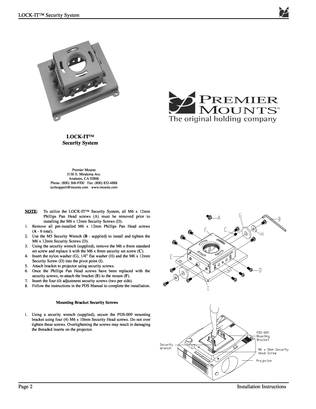 Premier Mounts PDS-009 LOCK-IT Security System, Page, Installation Instructions, Mounting Bracket Security Screws 