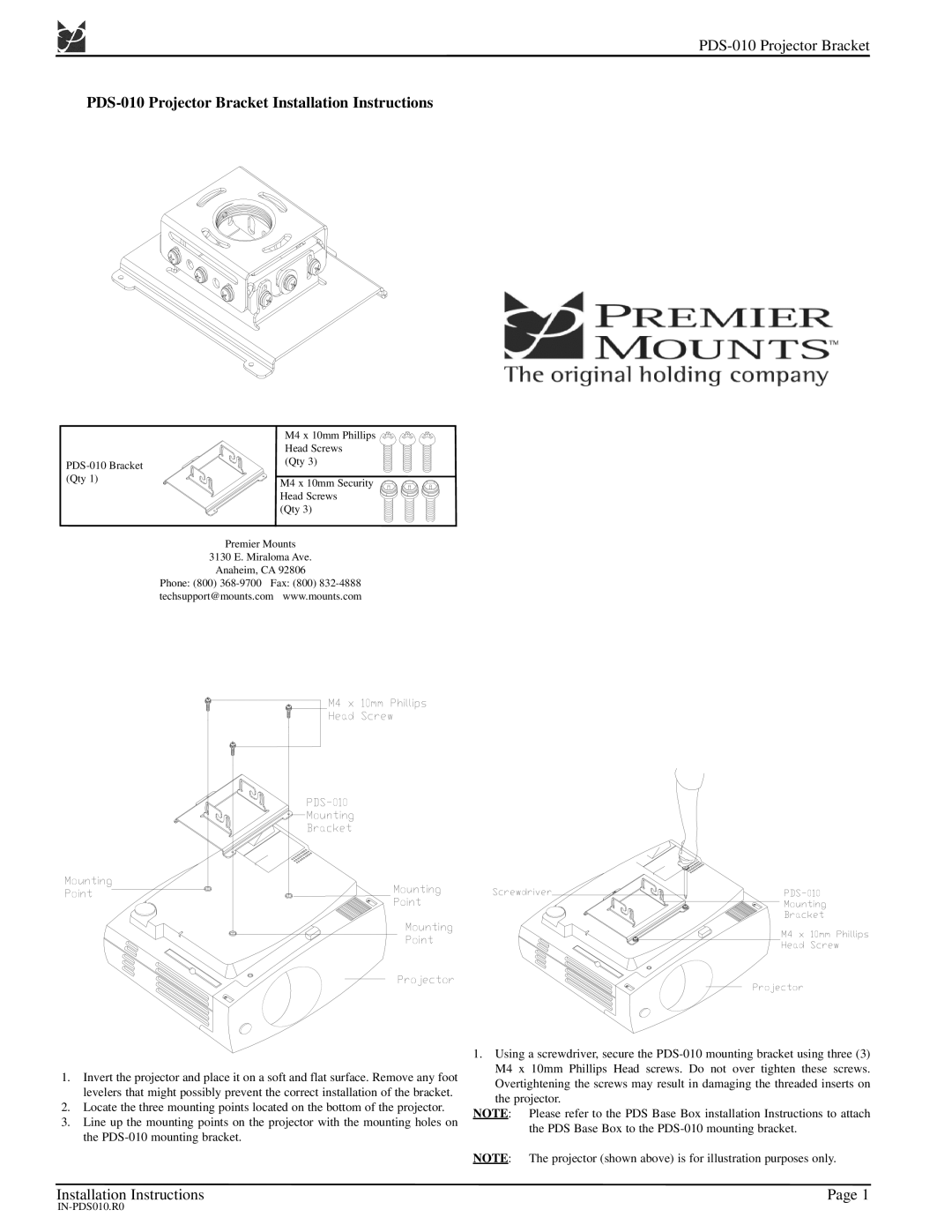 Premier Mounts installation instructions PDS-010 Projector Bracket Installation Instructions 