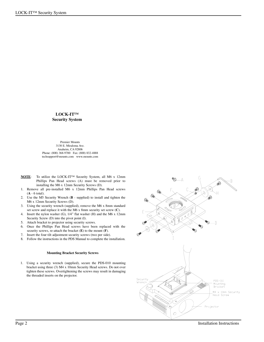 Premier Mounts PDS-010 installation instructions Lock-It, Security System, Mounting Bracket Security Screws 