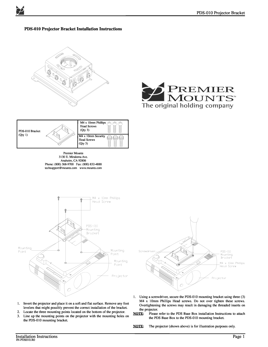 Premier Mounts installation instructions PDS-010 Projector Bracket Installation Instructions, Page 