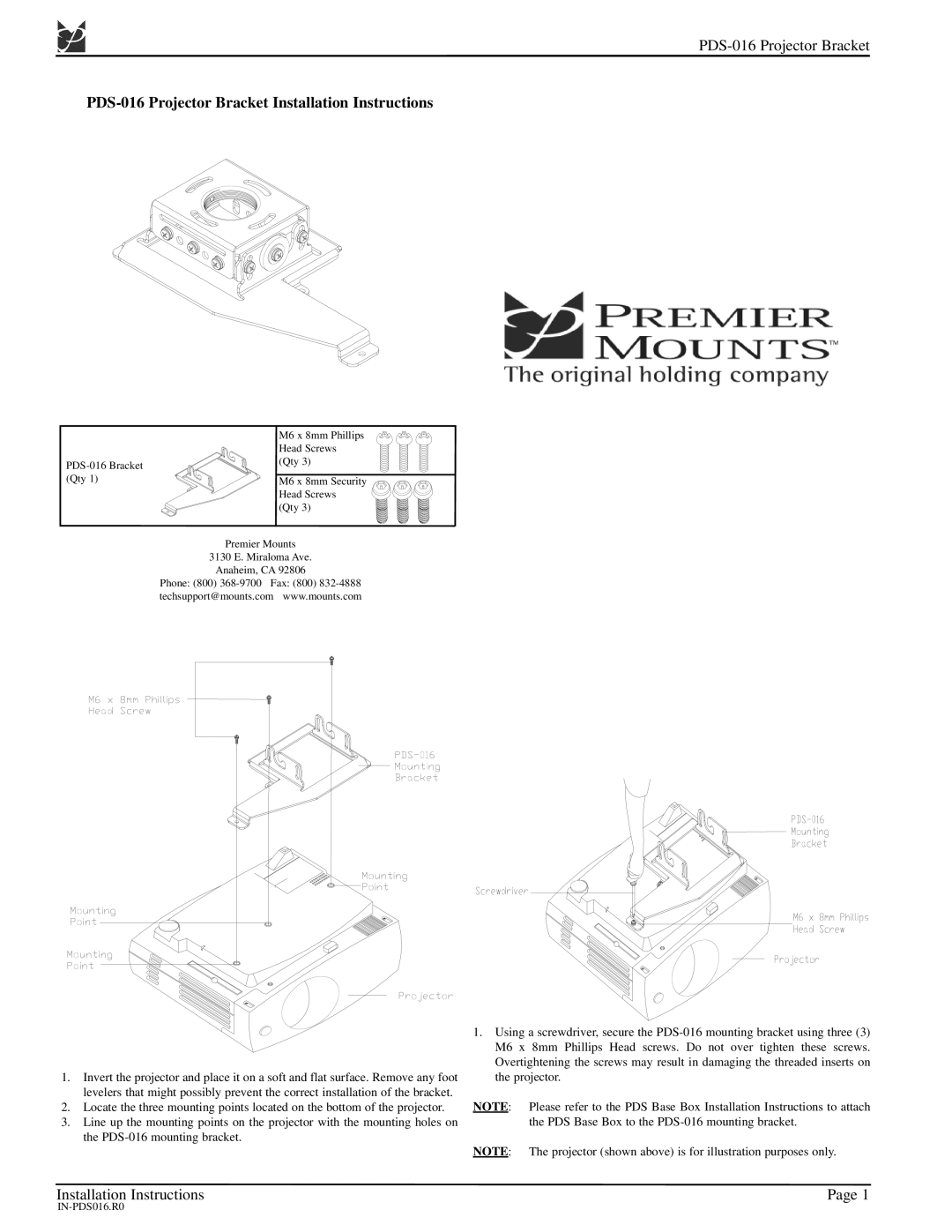 Premier Mounts installation instructions PDS-016 Projector Bracket Installation Instructions 