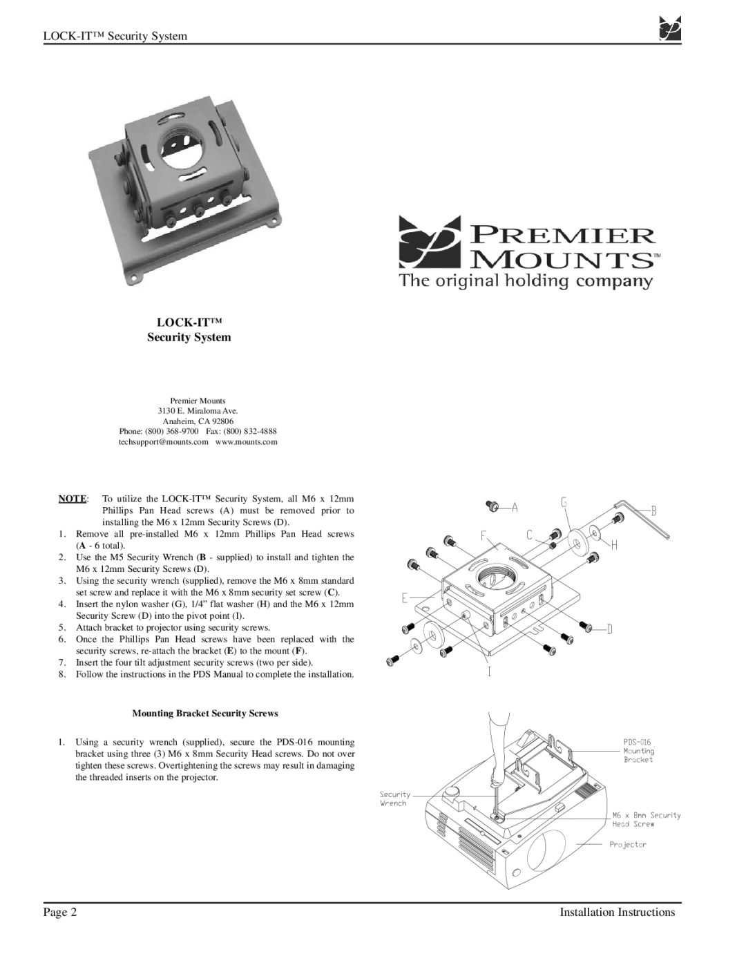 Premier Mounts PDS-016 installation instructions Lock-It, Security System, Mounting Bracket Security Screws 