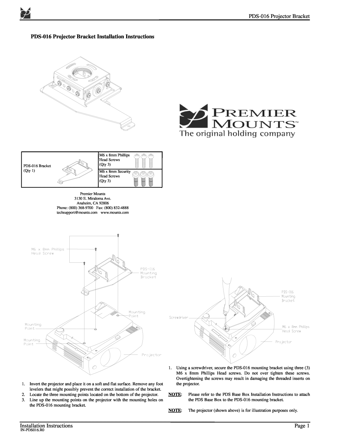 Premier Mounts installation instructions PDS-016Projector Bracket, Installation Instructions, Page 