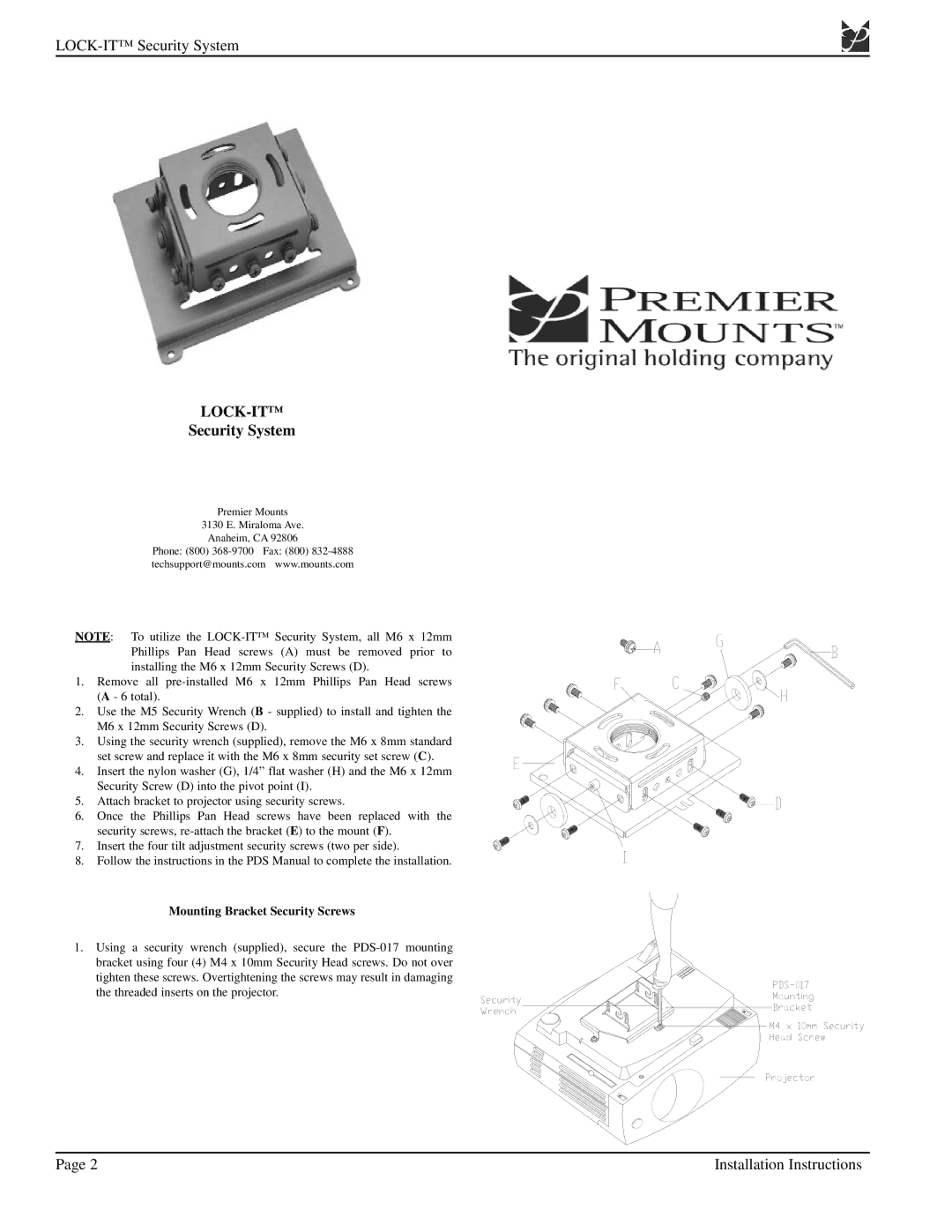 Premier Mounts PDS-017 installation instructions Lock-It, Security System, Mounting Bracket Security Screws 