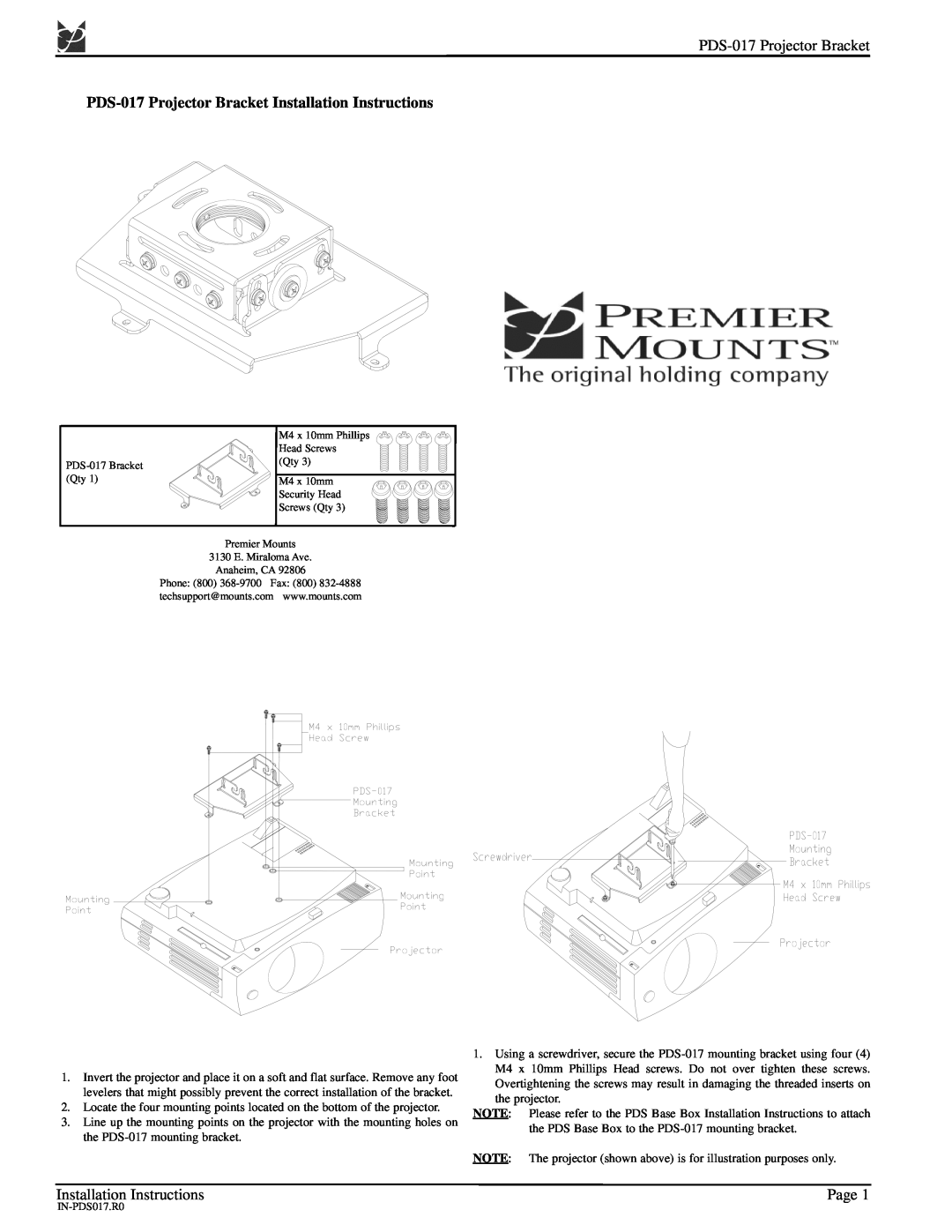 Premier Mounts installation instructions PDS-017 Projector Bracket Installation Instructions, Page 