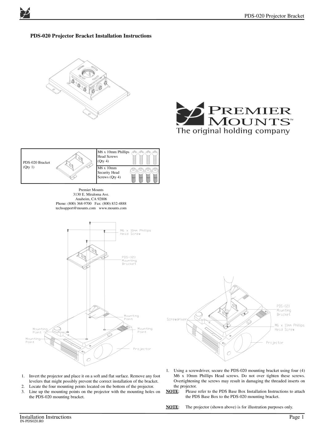 Premier Mounts installation instructions PDS-020 Projector Bracket Installation Instructions 