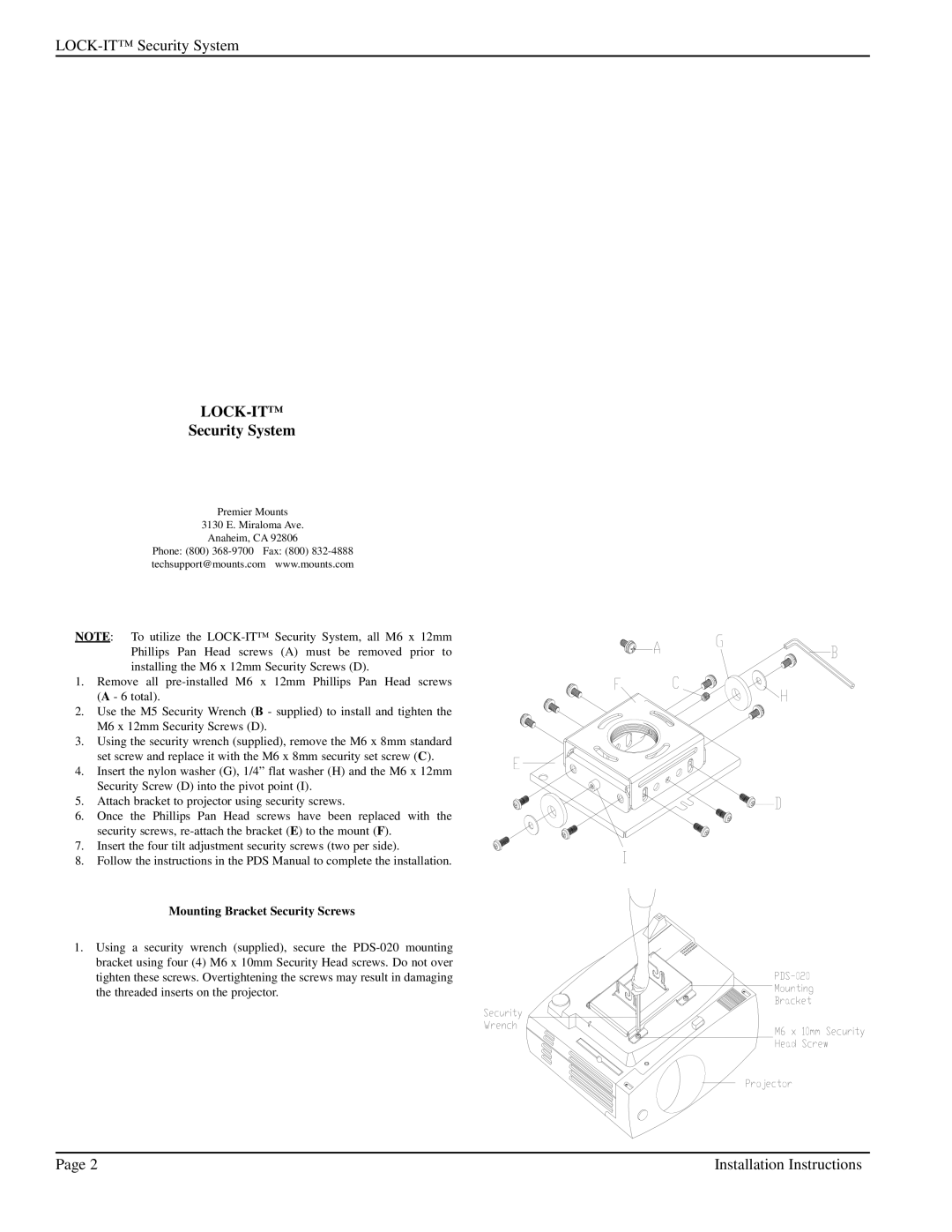 Premier Mounts PDS-020 installation instructions Lock-It, Security System, Mounting Bracket Security Screws 