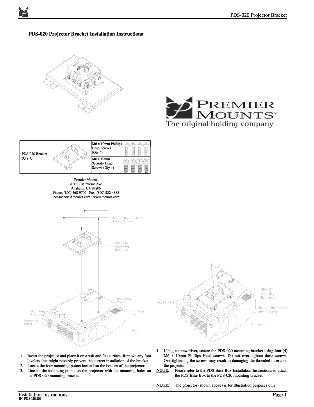 Premier Mounts installation instructions PDS-020Projector Bracket, Installation Instructions, Page 