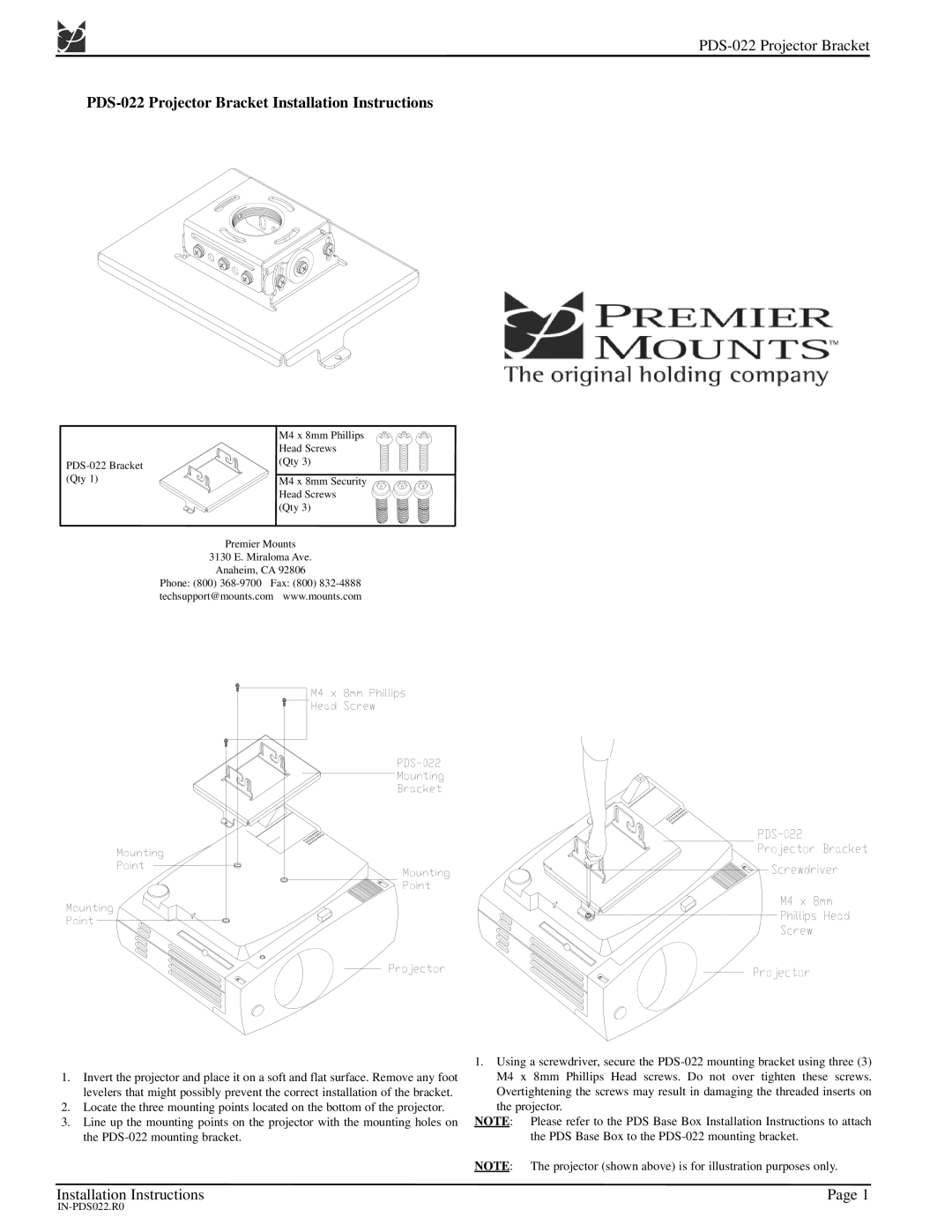 Premier Mounts installation instructions PDS-022 Projector Bracket Installation Instructions 