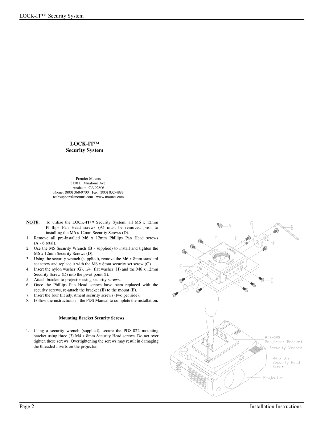 Premier Mounts PDS-022 installation instructions Lock-It, Security System, Mounting Bracket Security Screws 